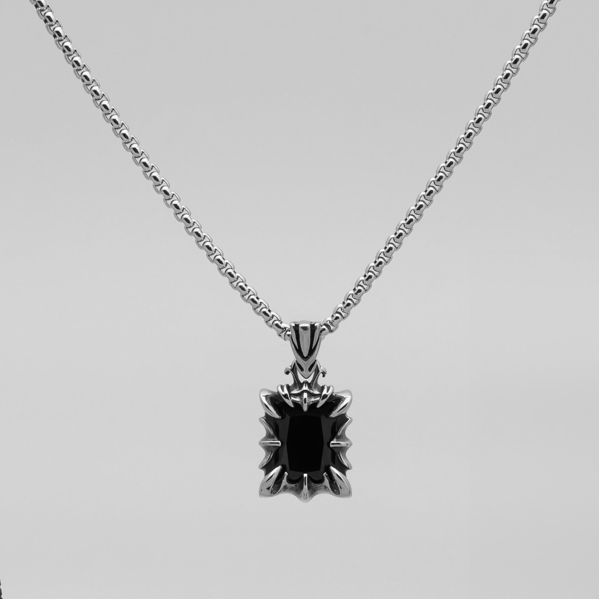 Gothic Style Black Onyx Emerald Cut Pendant on Silver Stainless Steel Box Chain 