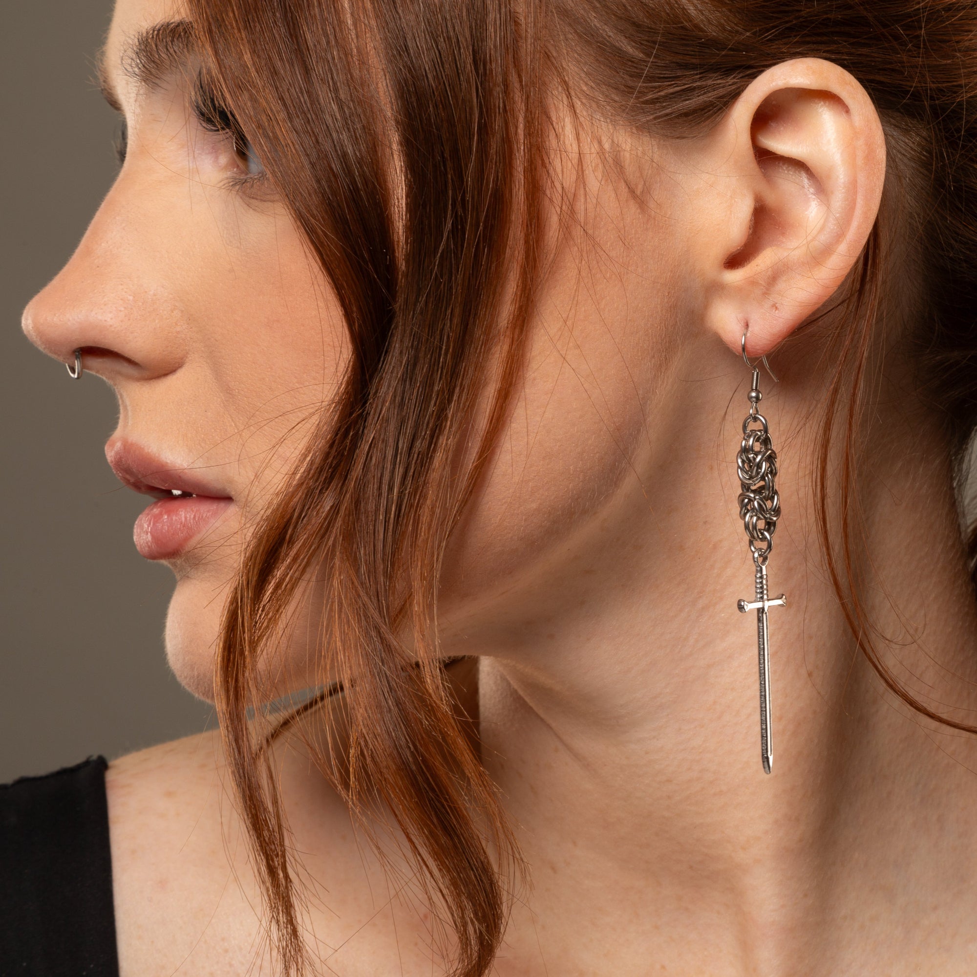 chainmail sword drop earrings in silver