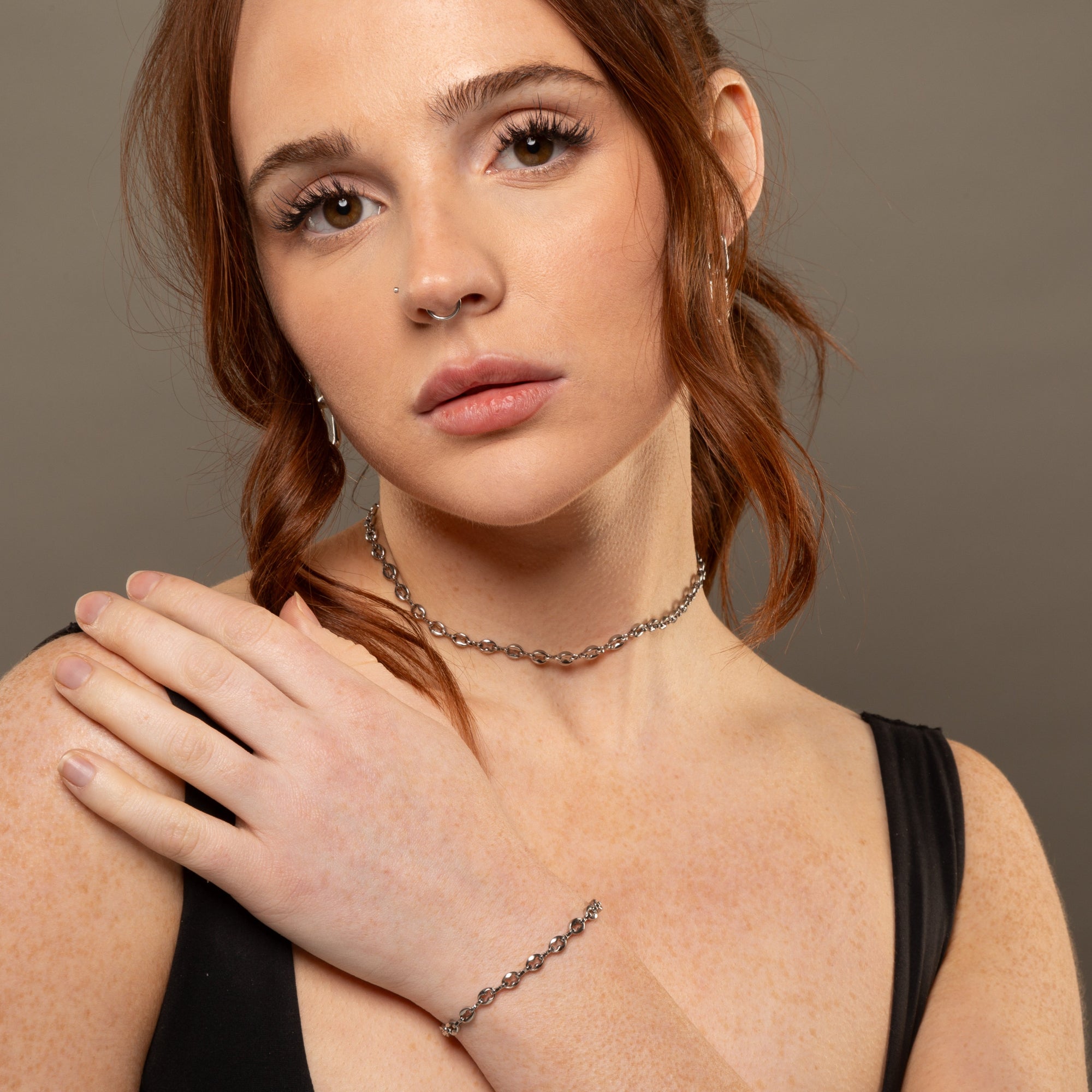 coffee bean link choker necklace in silver