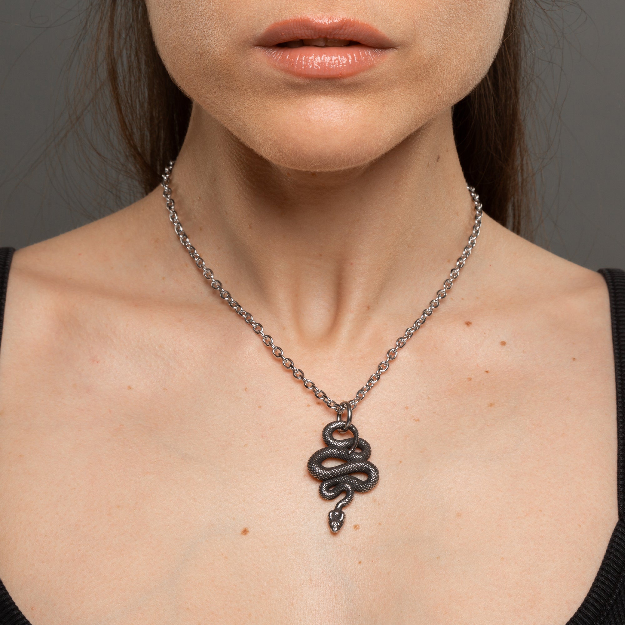 Silver Gothic coiled snake pendant on cable chain 