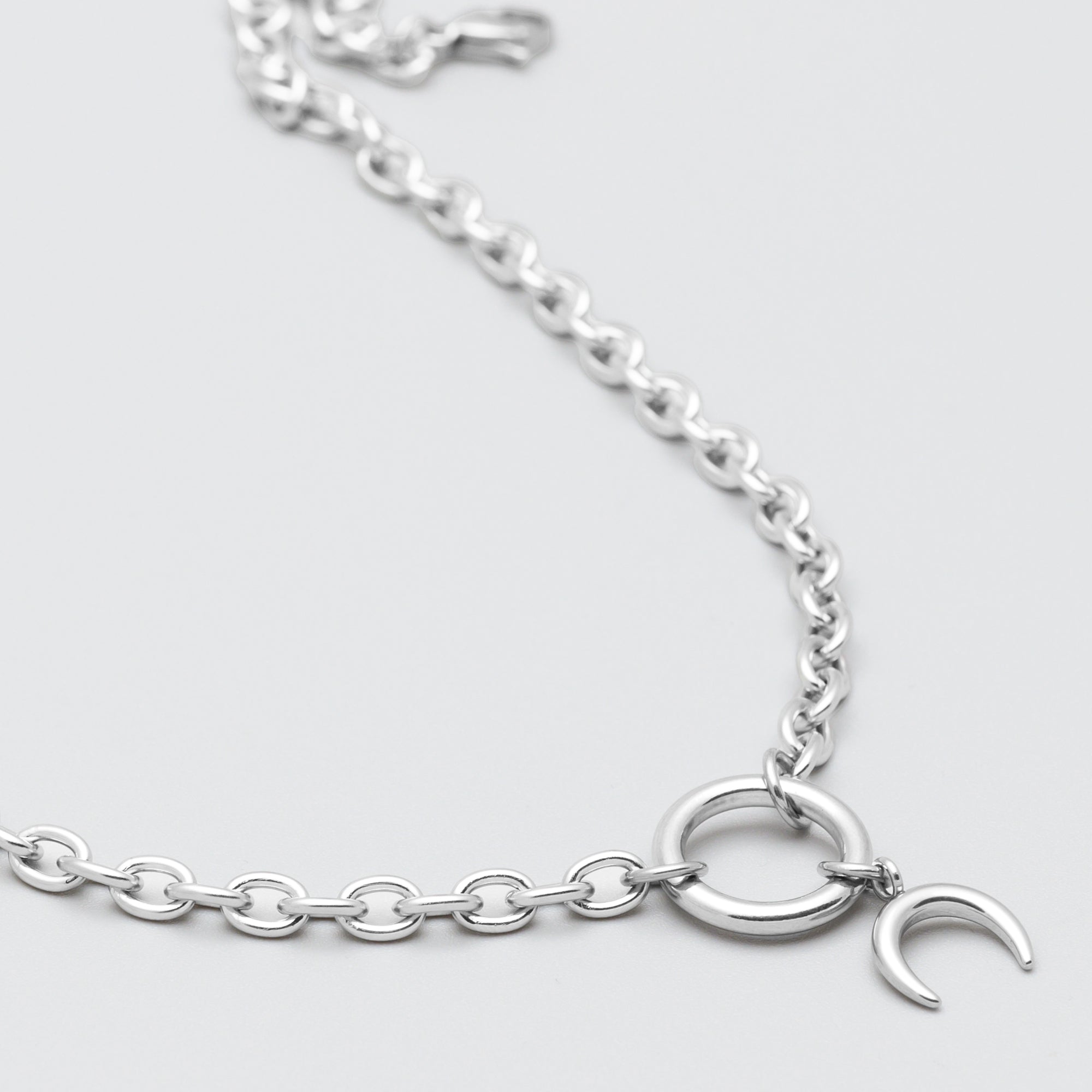 Crescent Moon O Ring Necklace Cable Chain (Silver) 6mm