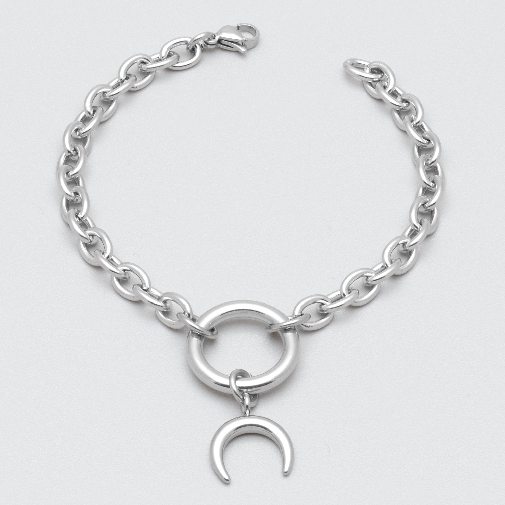 Bracelet en forme de croissant de lune avec anneau en O et chaîne en câble - (argent) 6 mm