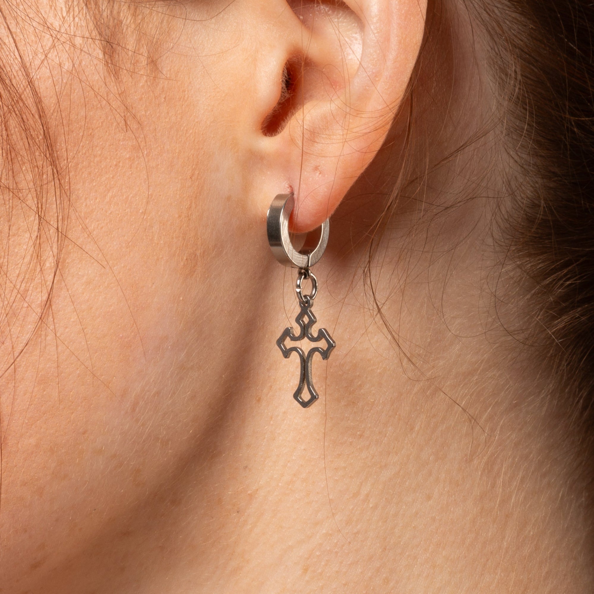 silver gothic cross huggie earrings 