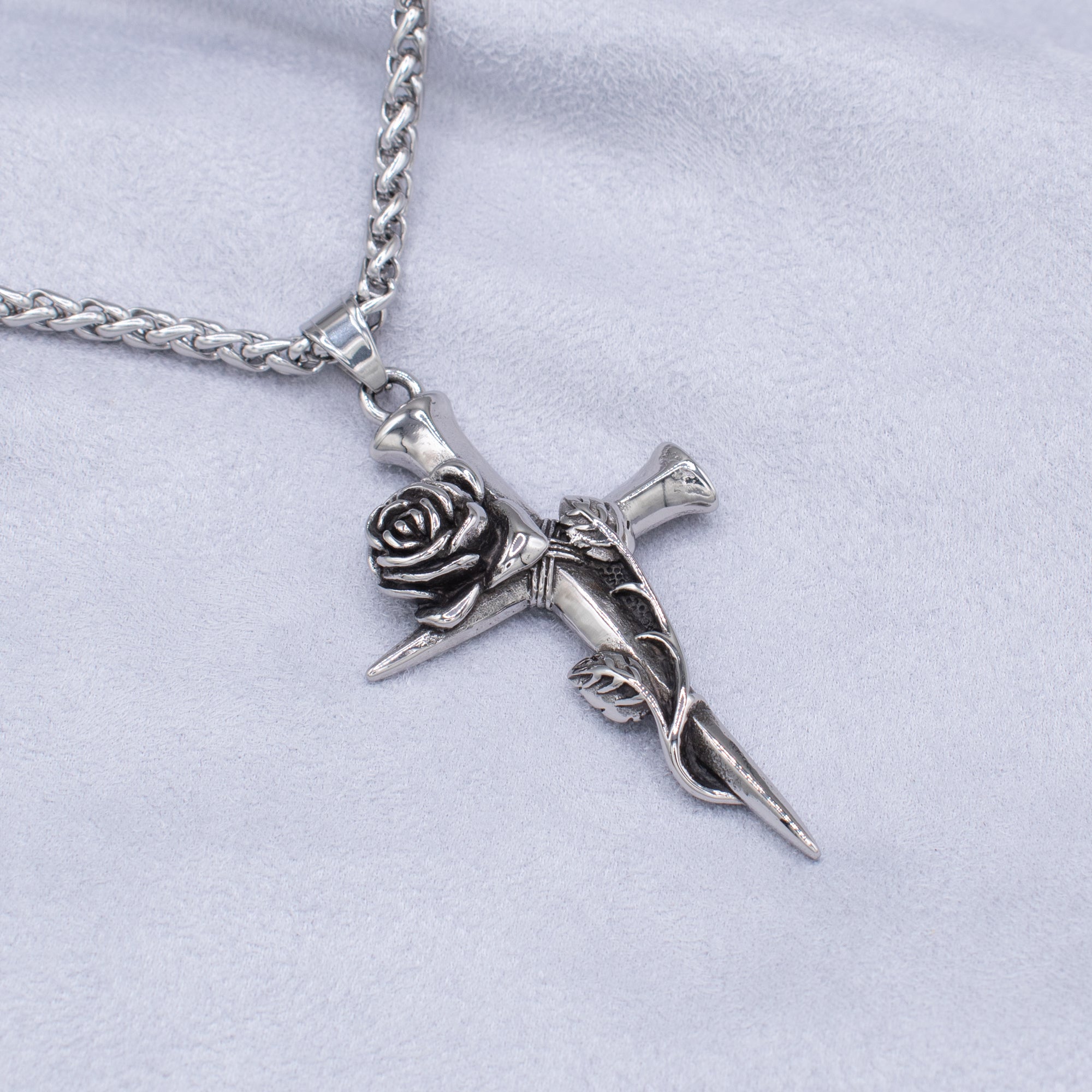 Stake & Rose Cross Pendant Necklace
