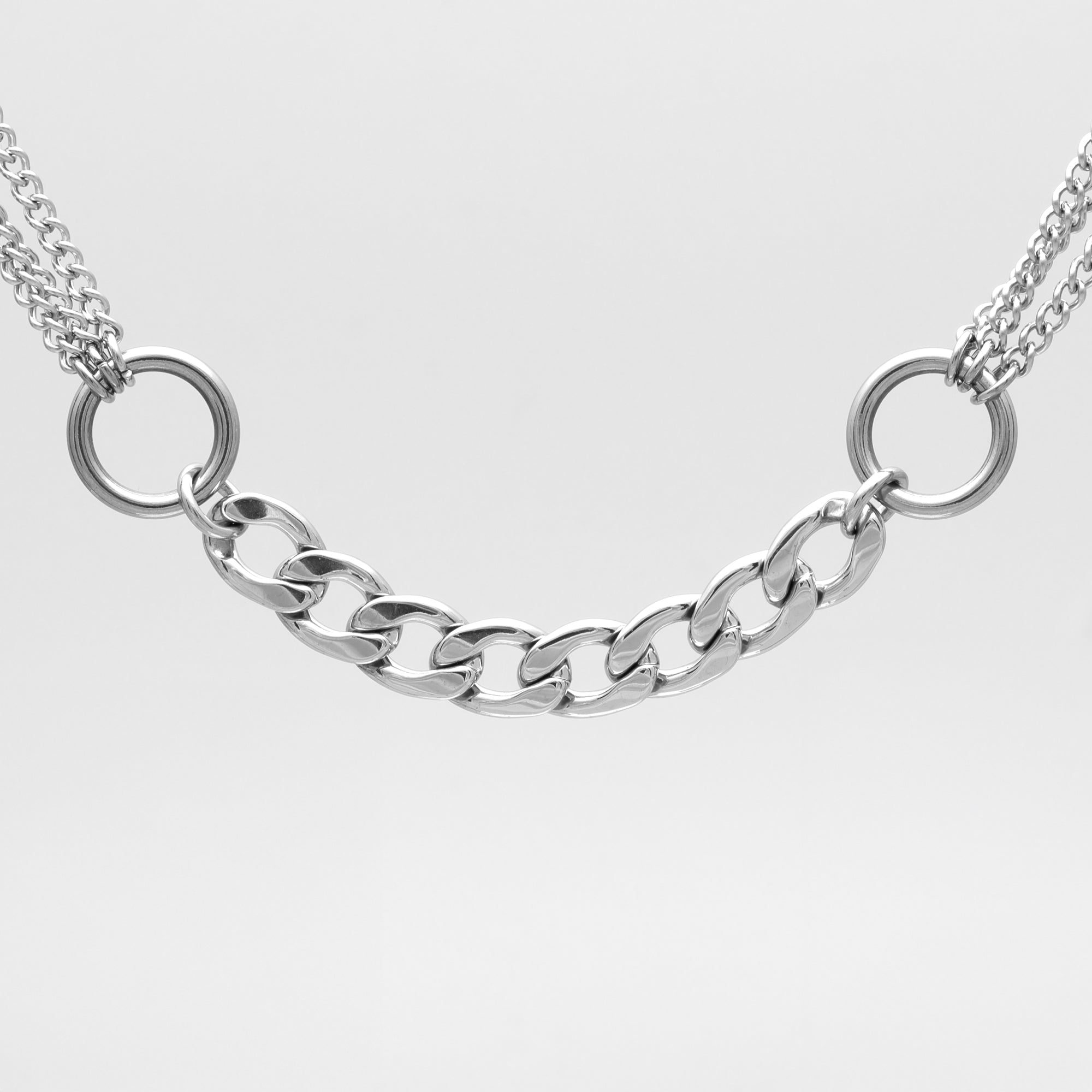 Double O Ring layered cuban link choker necklace in silver 