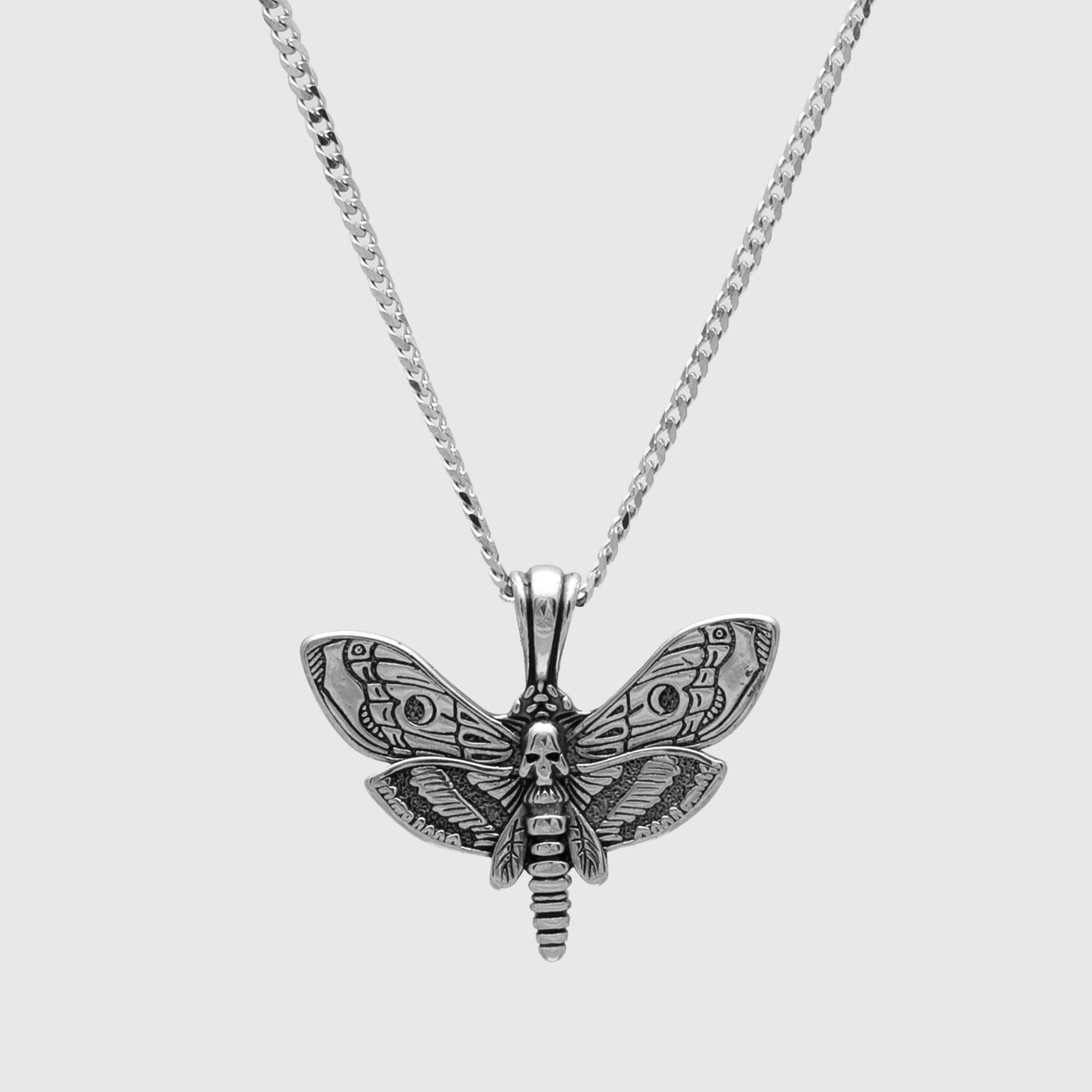 Death's head moth Gothic pendant on dainty cuban link chain necklace in silver