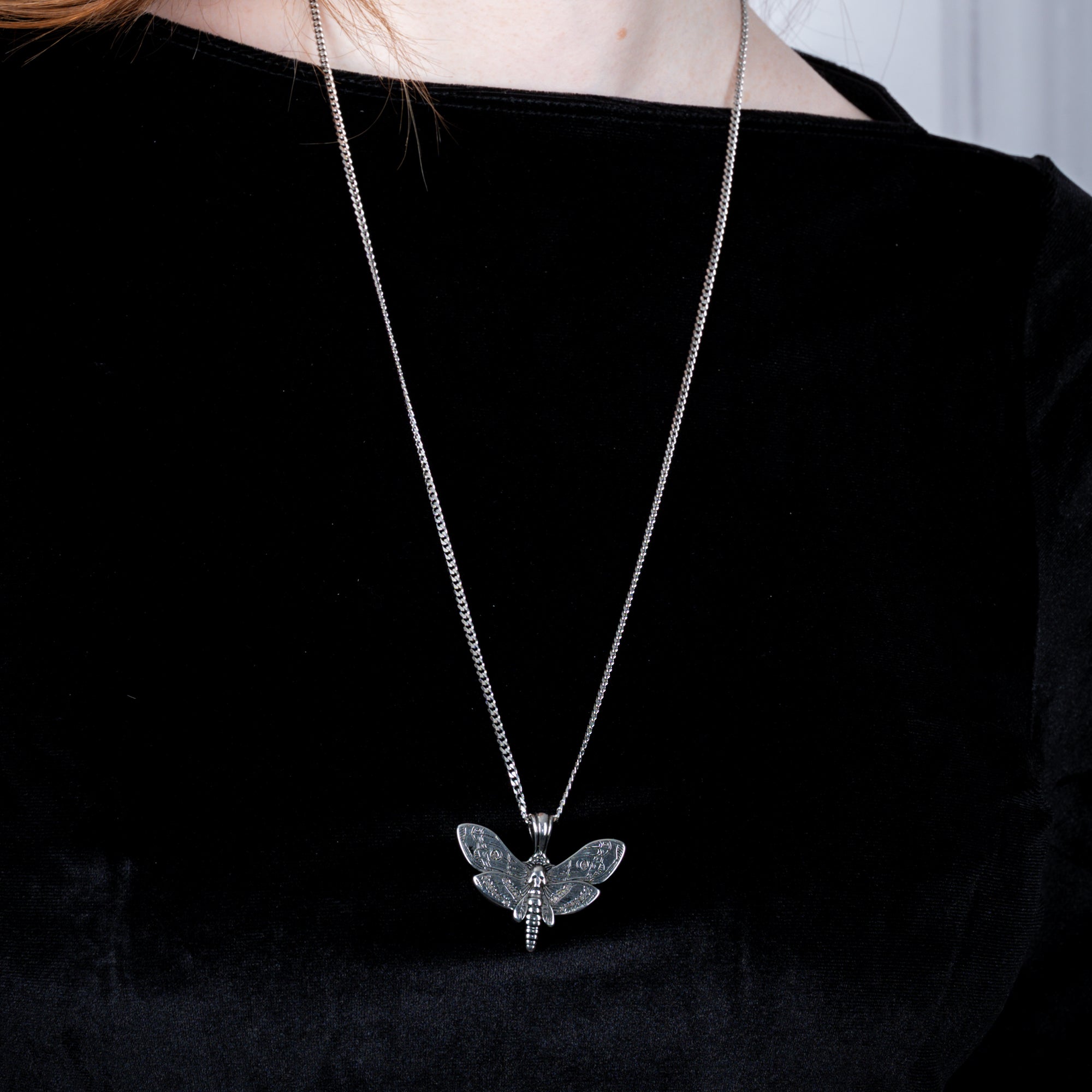Death's head moth Gothic pendant on dainty cuban link chain necklace in silver