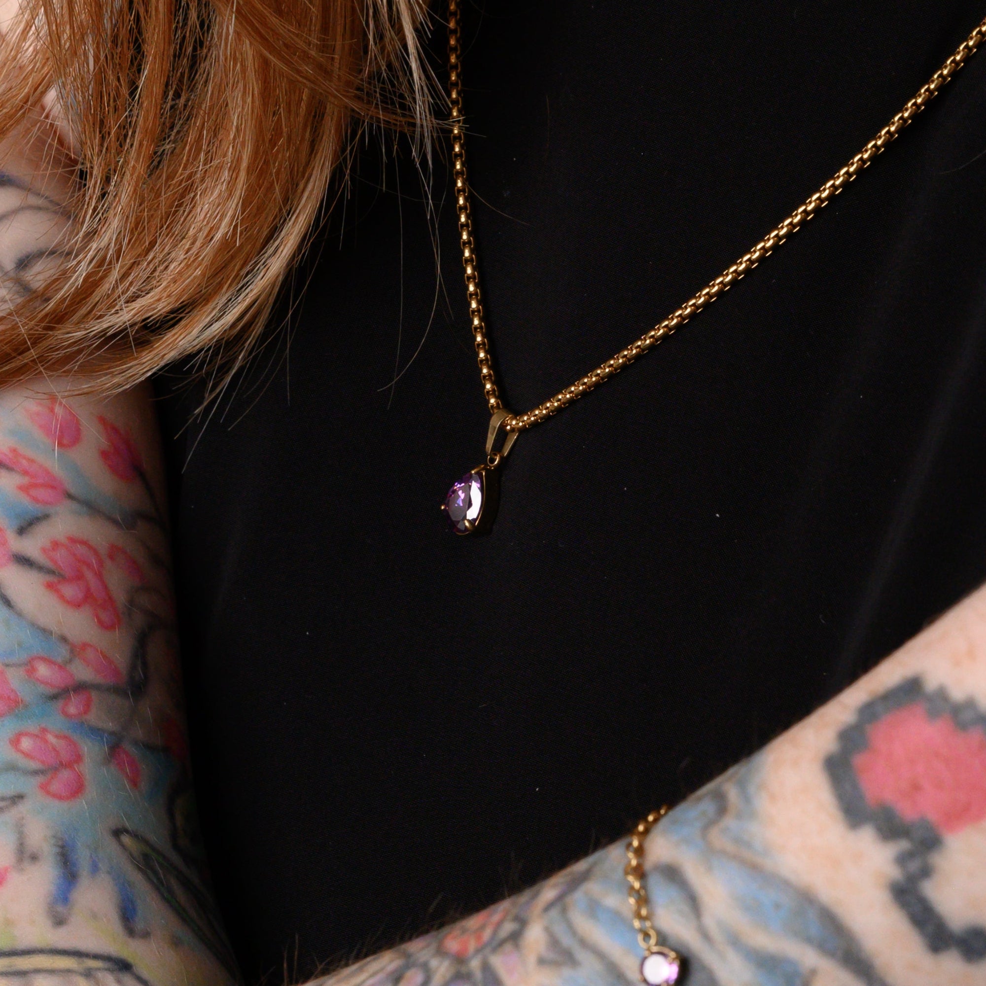 February Amethyst Birthstone pendant necklace in Gold on a dainty chain 