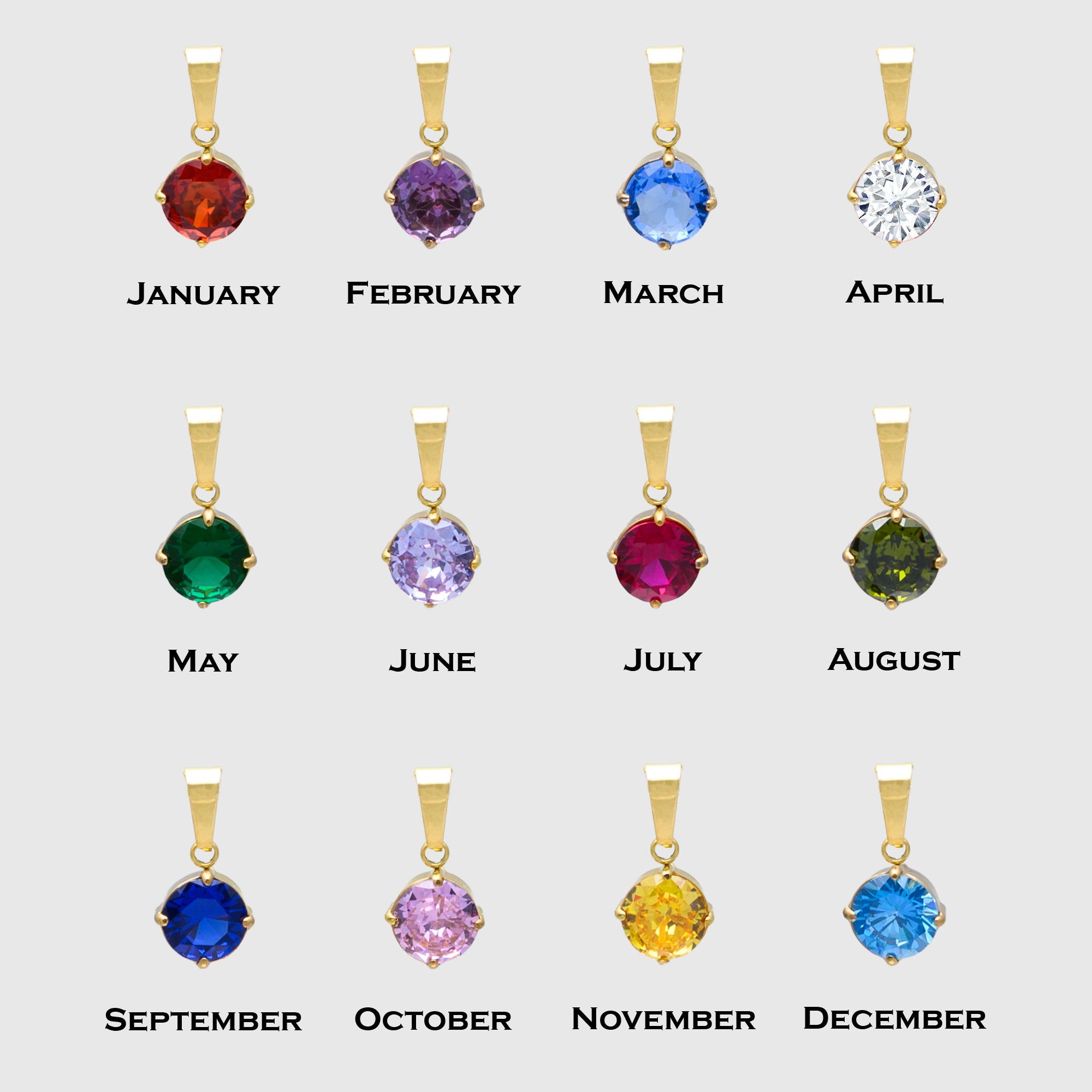 Gold Birthstone pendants all months January through to December
