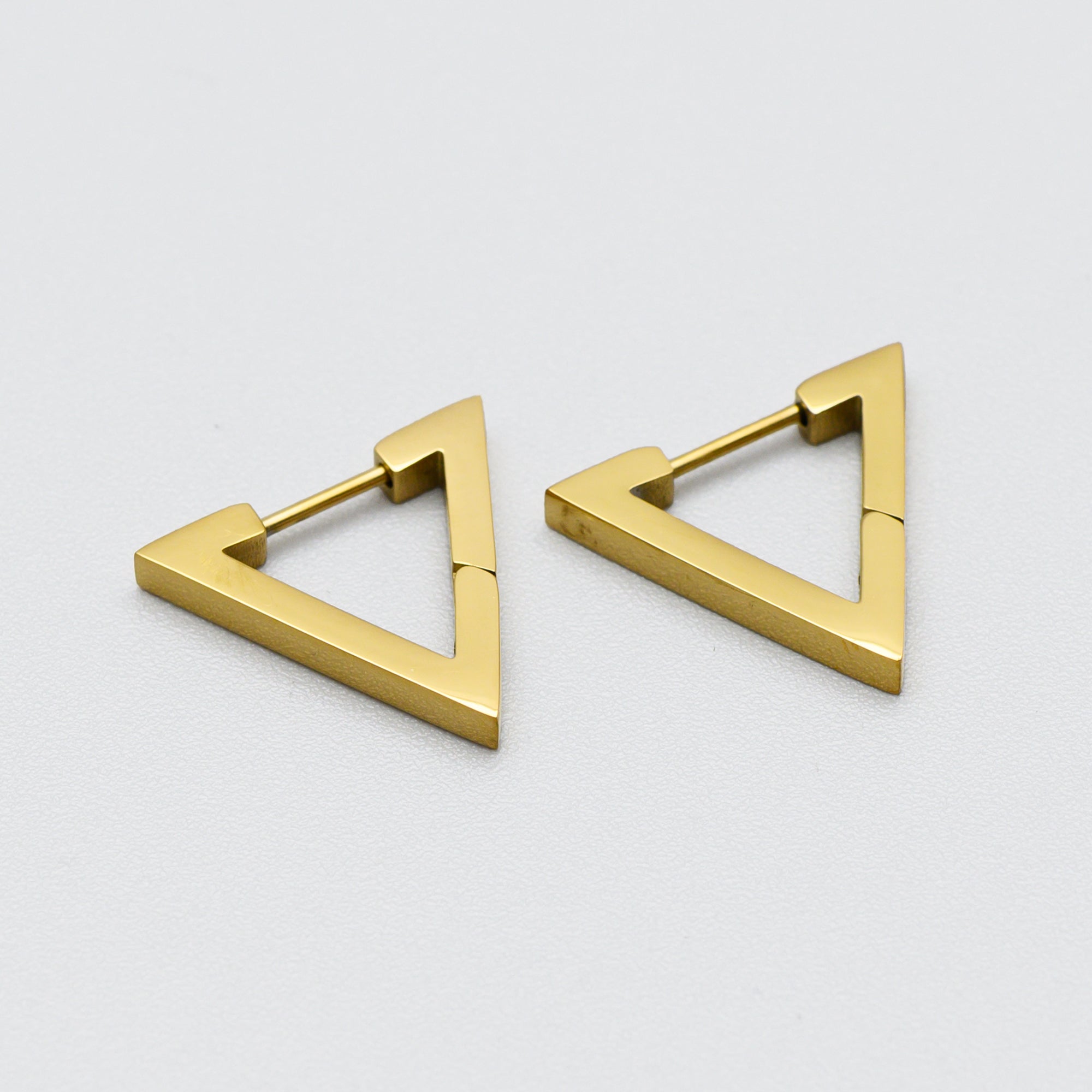 Gold triangle earrings, hinged huggie hoops