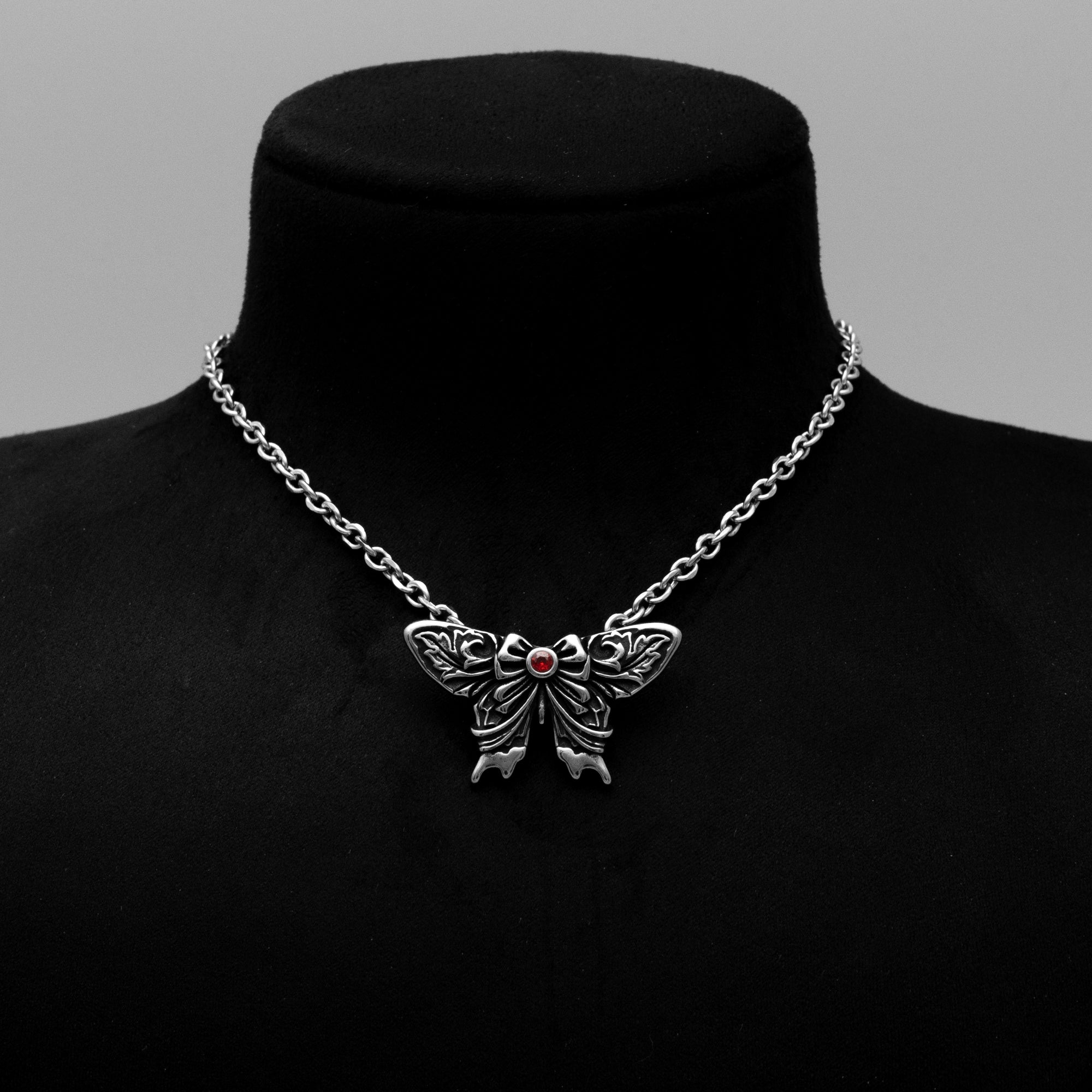 Gothic Moth Bow Pendant Necklace (Silver)