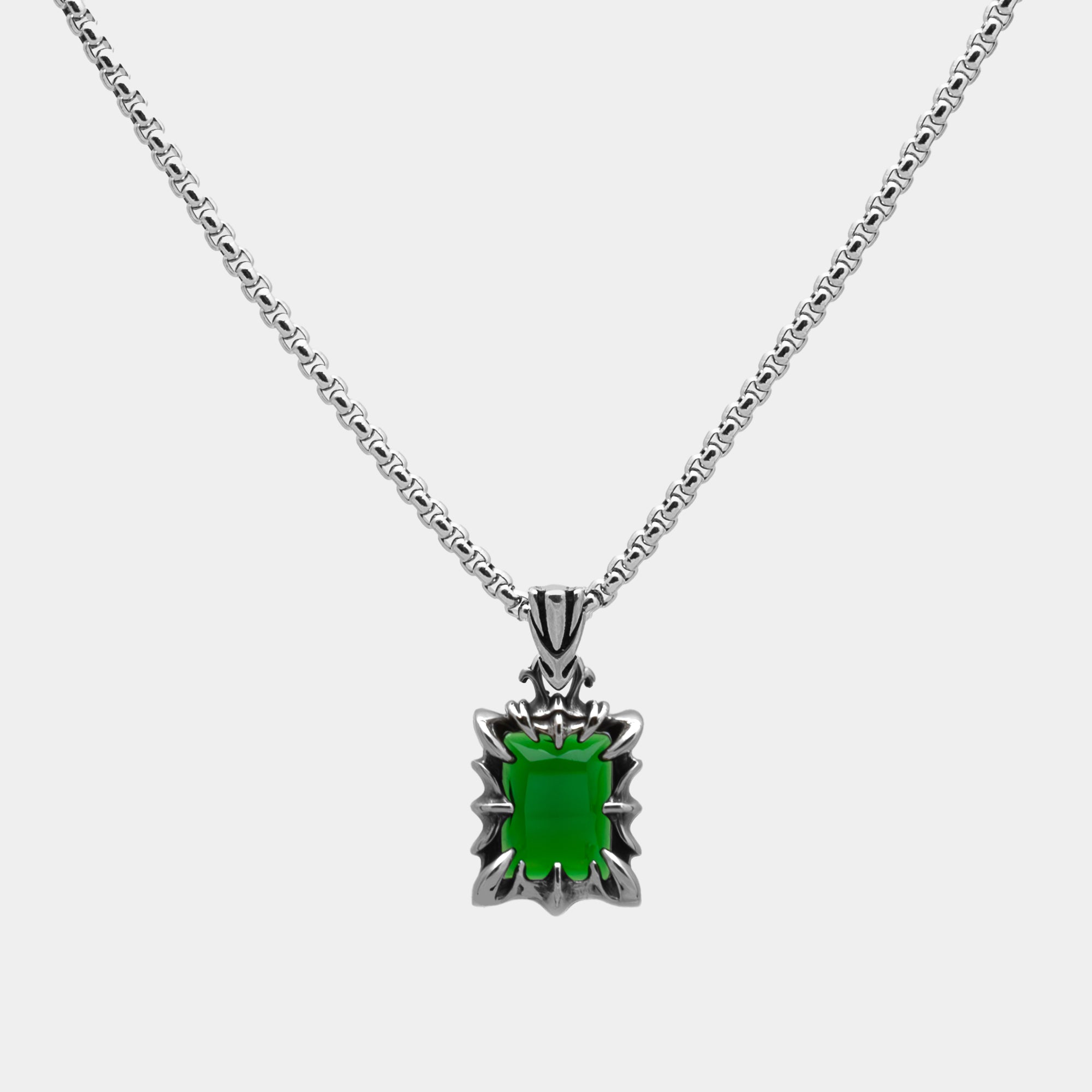 Large Emerald Green claw pendant on chunky box chain necklace in silver