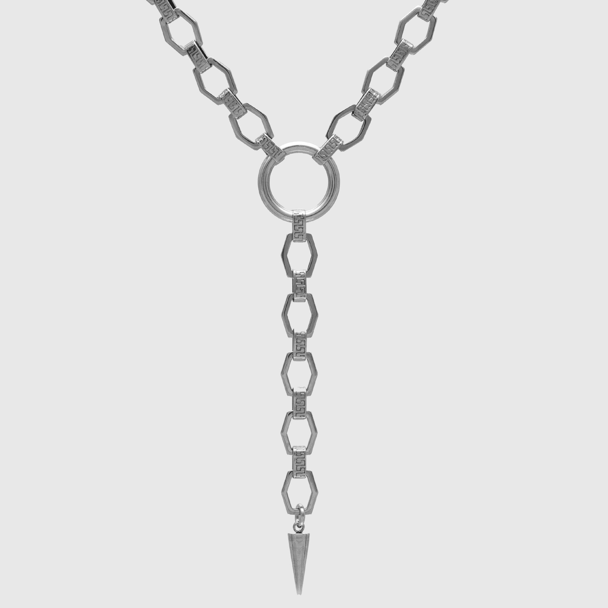 Y shaped lariat necklace in silver featuring an o ring and spike pendant 