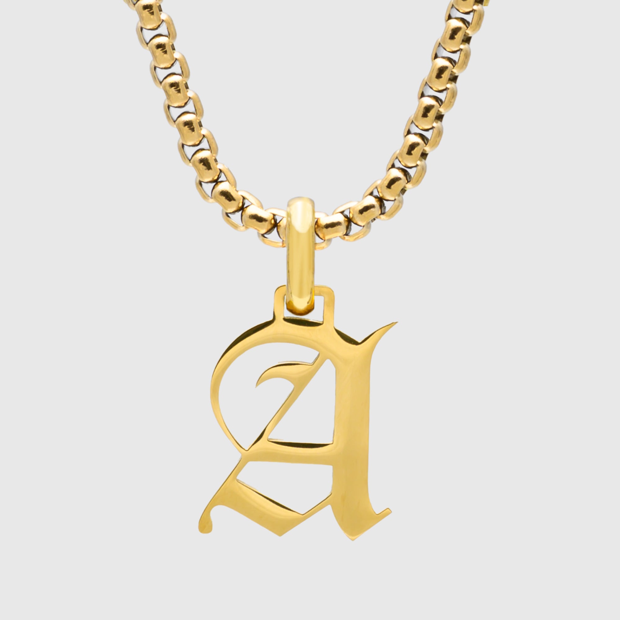 Large Gold Gothic style Initial letter A necklace in old english font 