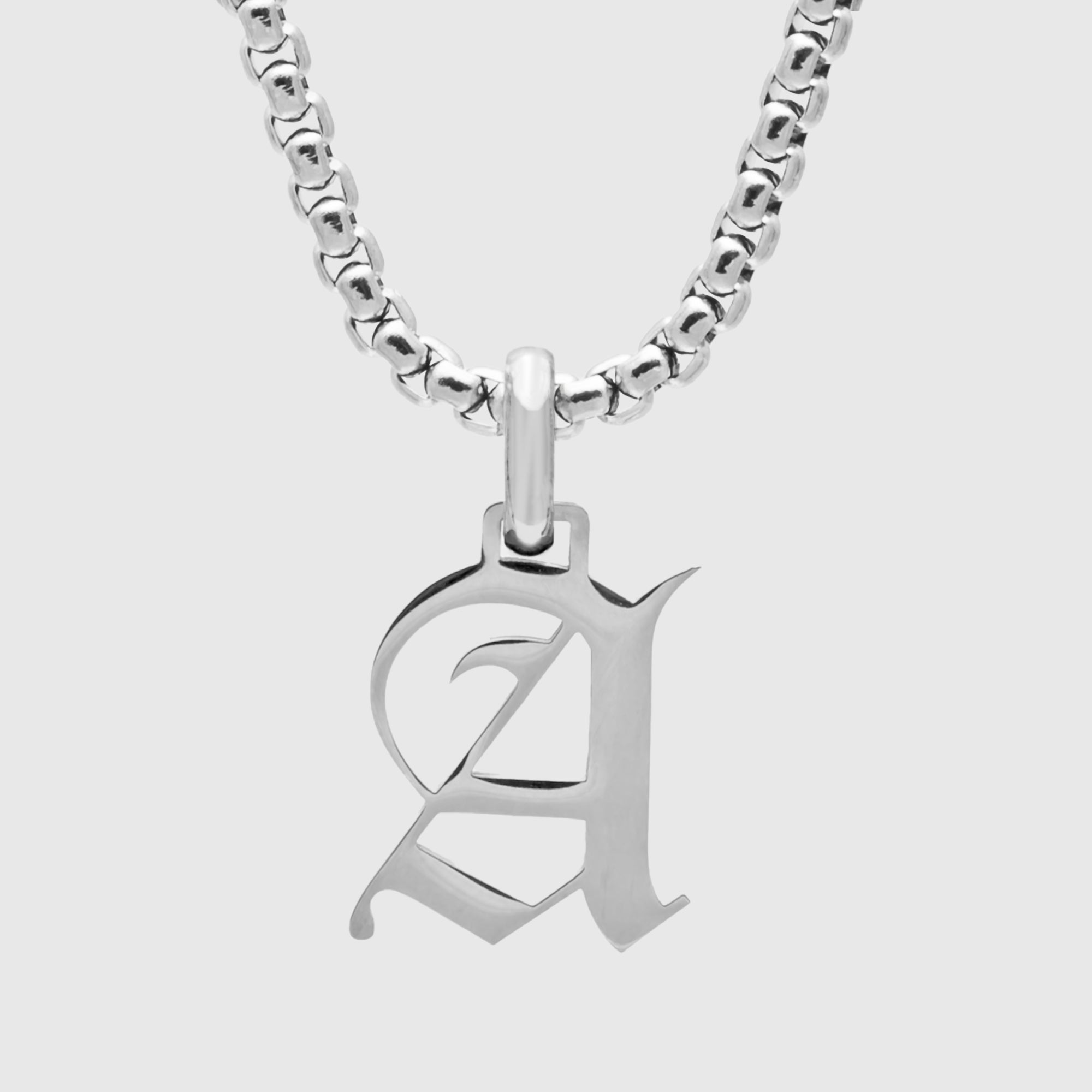 Silver Gothic style Initial letter A necklace in old english font 