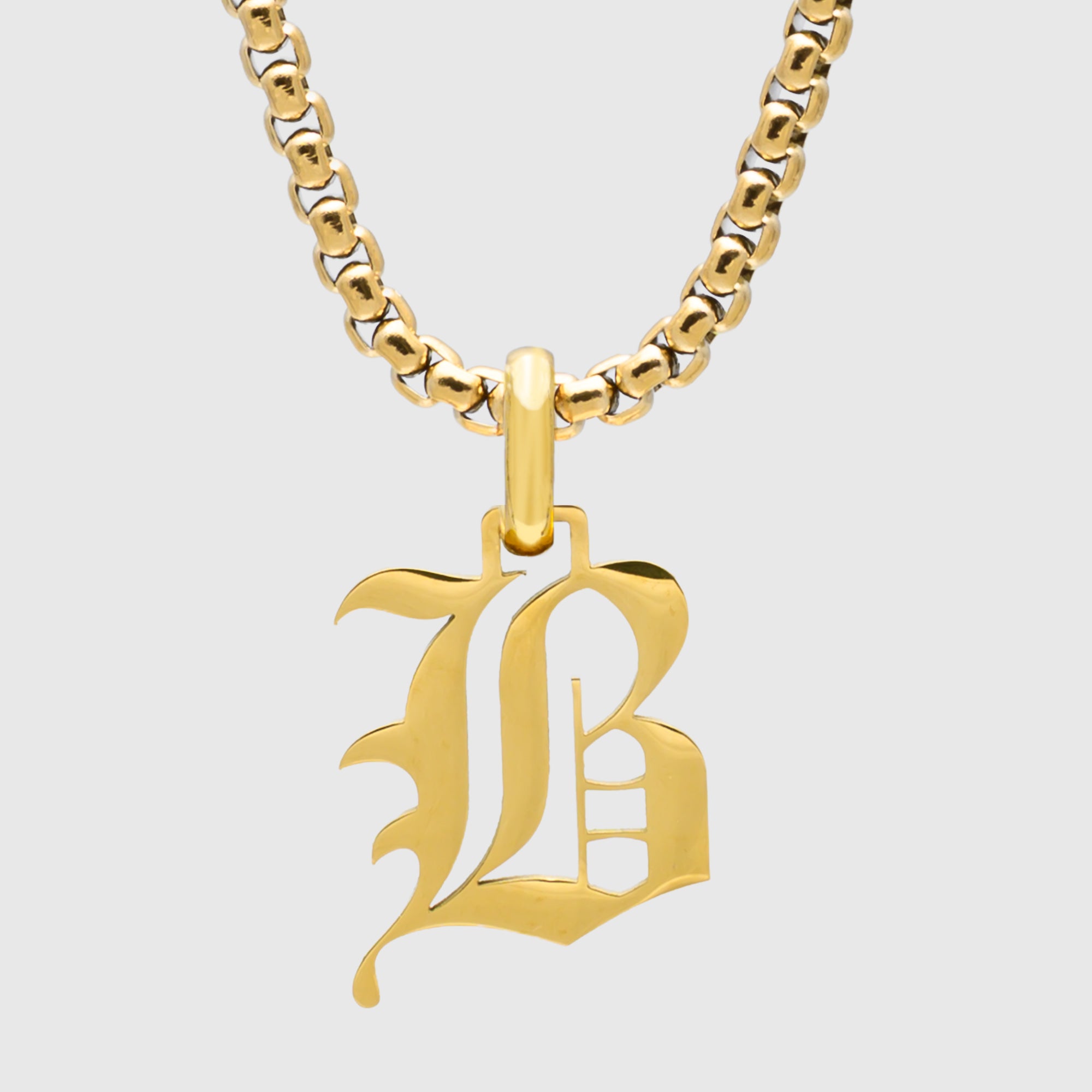 Large Gold Gothic style Initial letter B necklace in old english font 