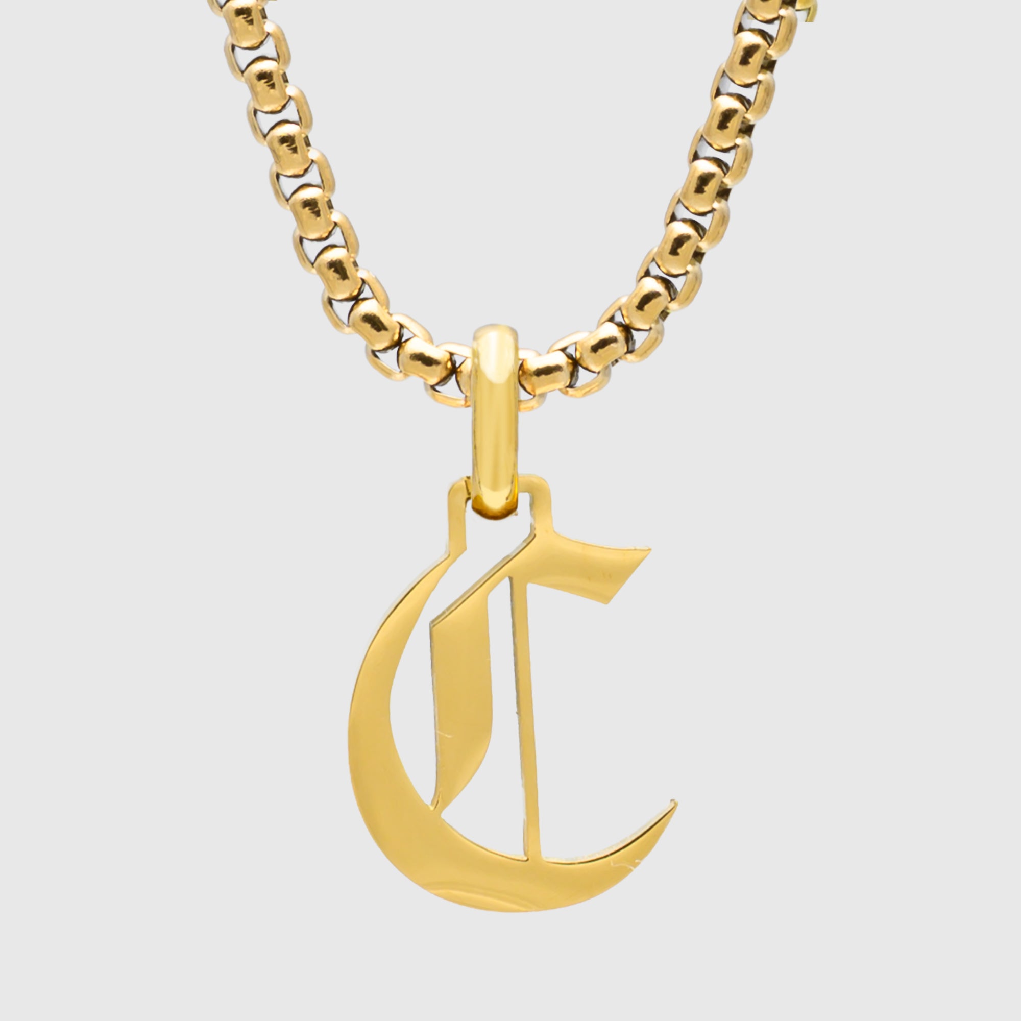 Large Gold Gothic style Initial letter C necklace in old english font 