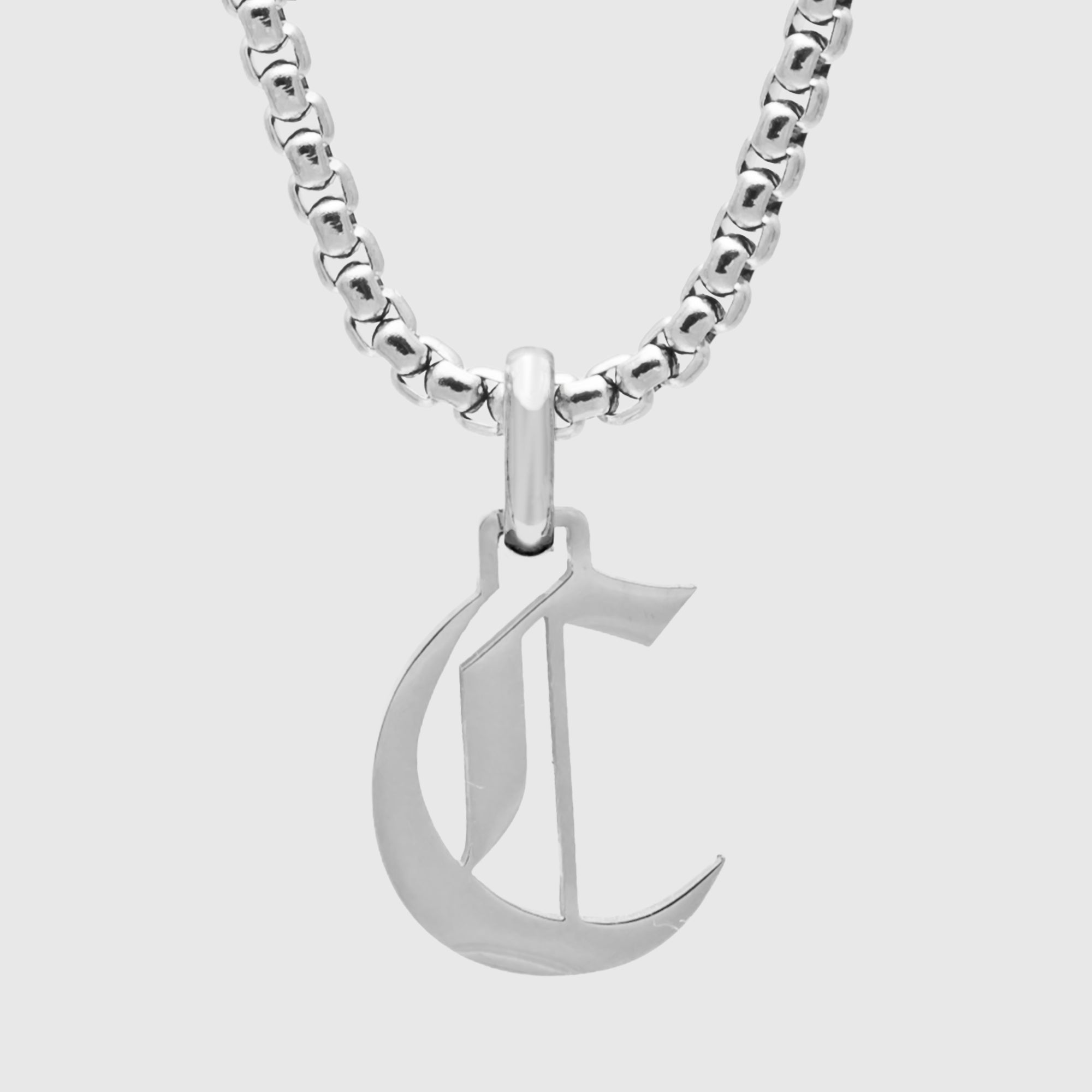 Silver Gothic style Initial letter c necklace in old english font 