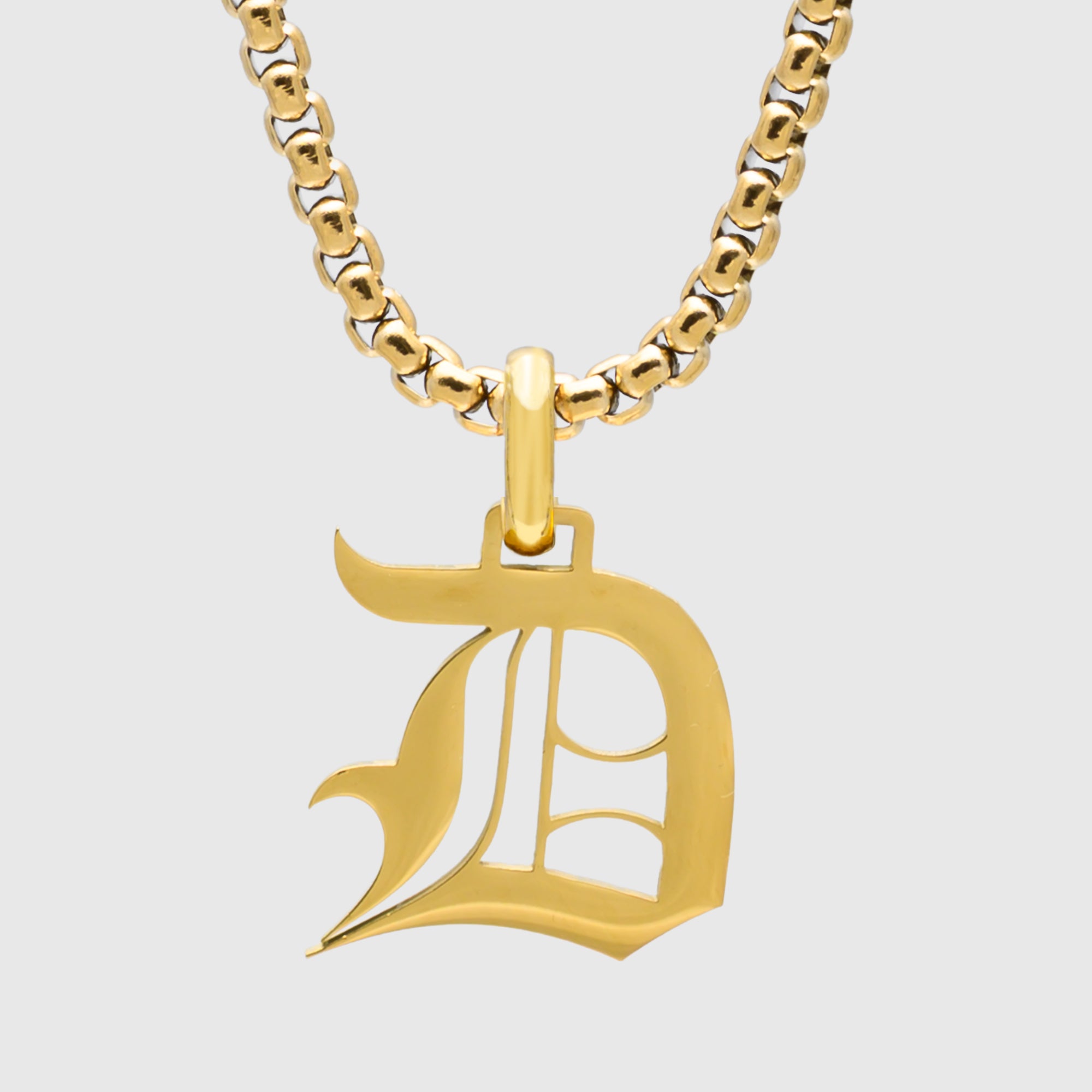 Large Gold Gothic style Initial letter D necklace in old english font 