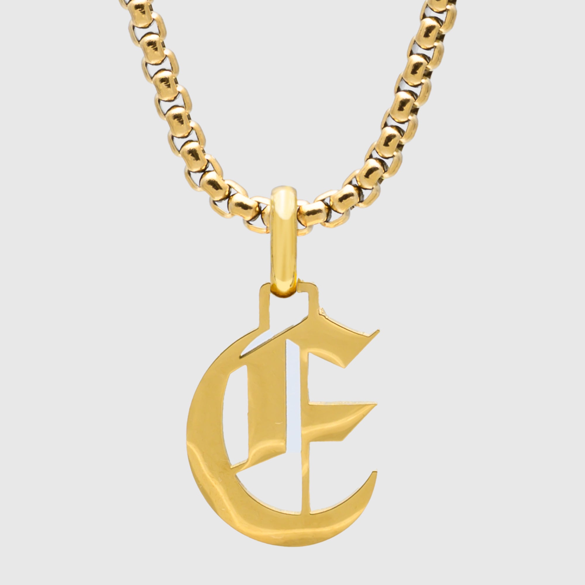 Large Gold Gothic style Initial letter E necklace in old english font 