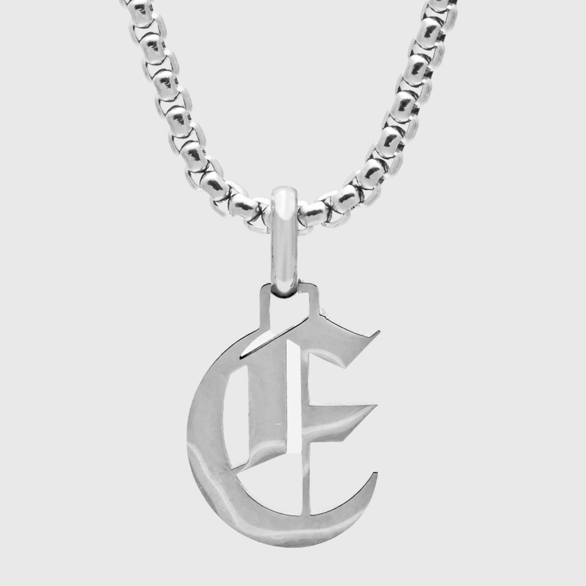 Silver Gothic style Initial letter E necklace in old english font 