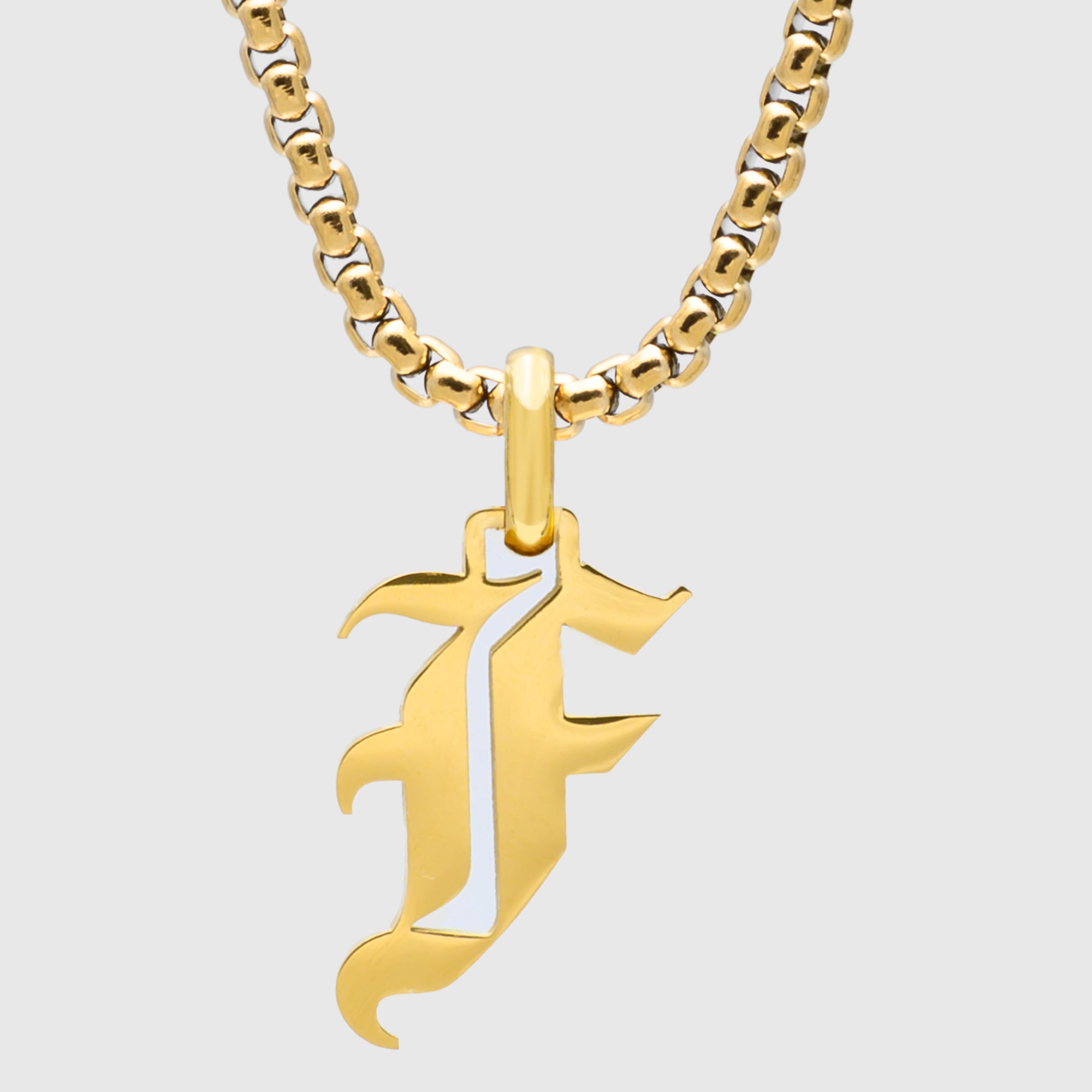 Large Gold Gothic style Initial letter F necklace in old english font 