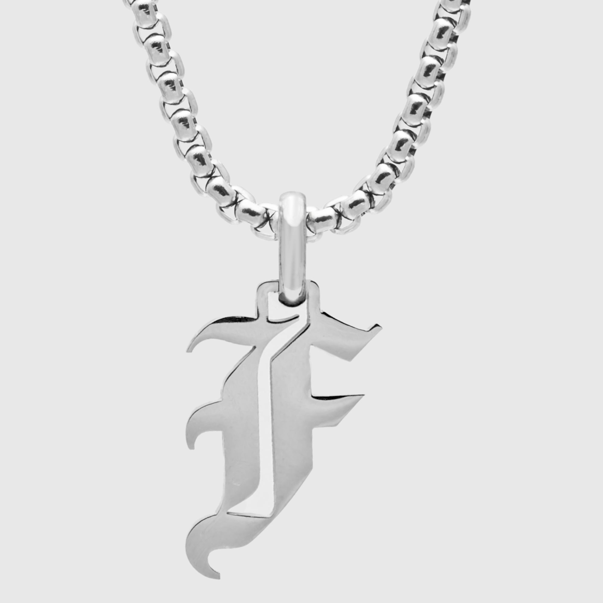 Silver Gothic style Initial letter F necklace in old english font 