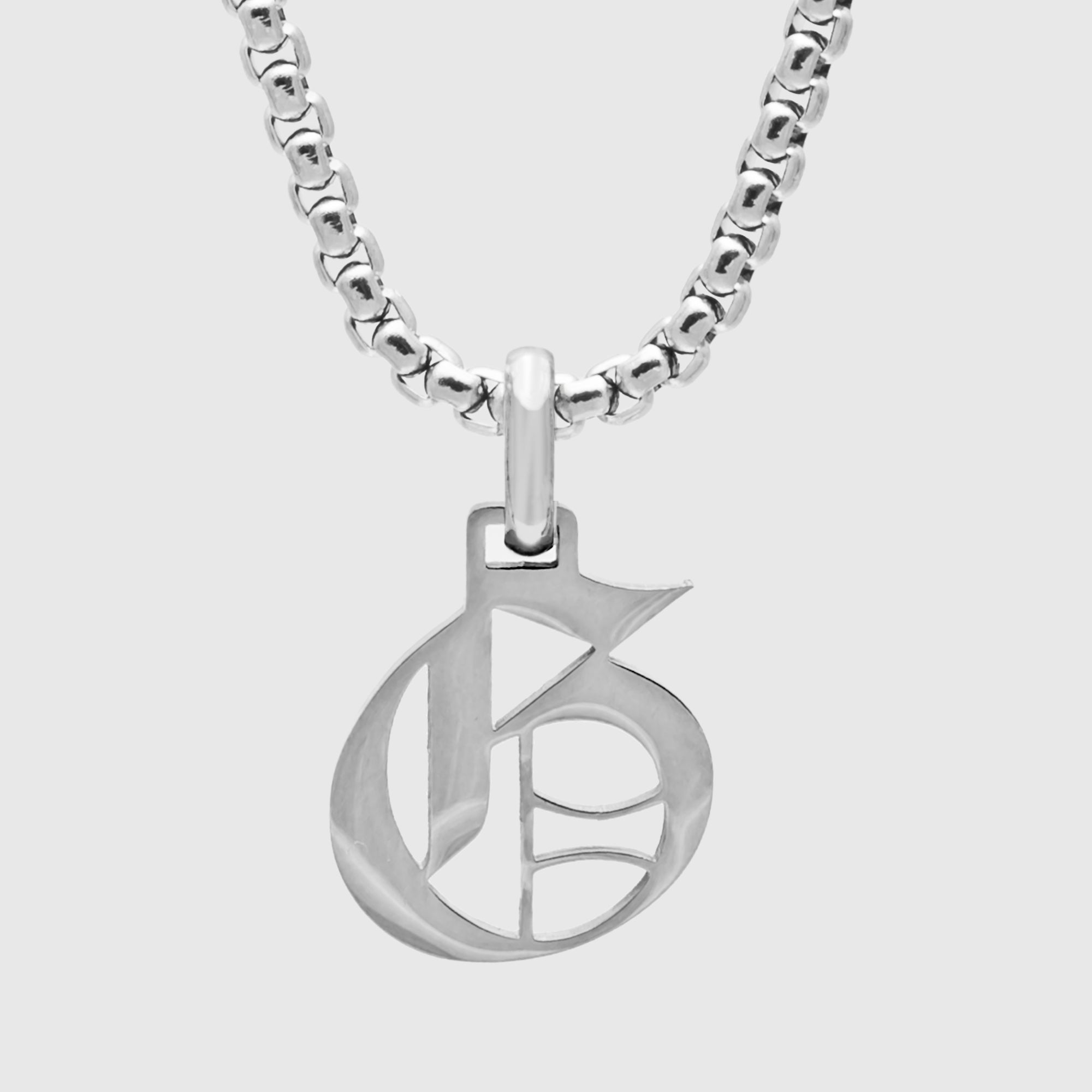 Silver Gothic style Initial letter G necklace in old english font 
