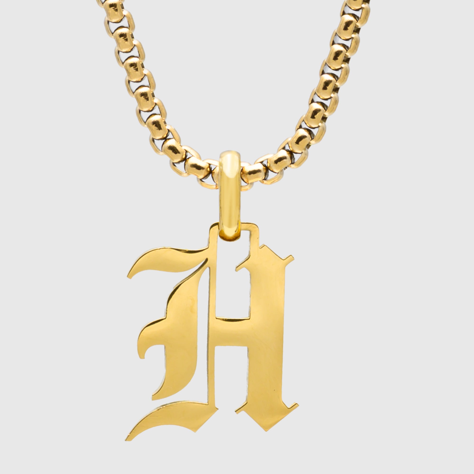 Large Gold Gothic style Initial letter H necklace in old english font 