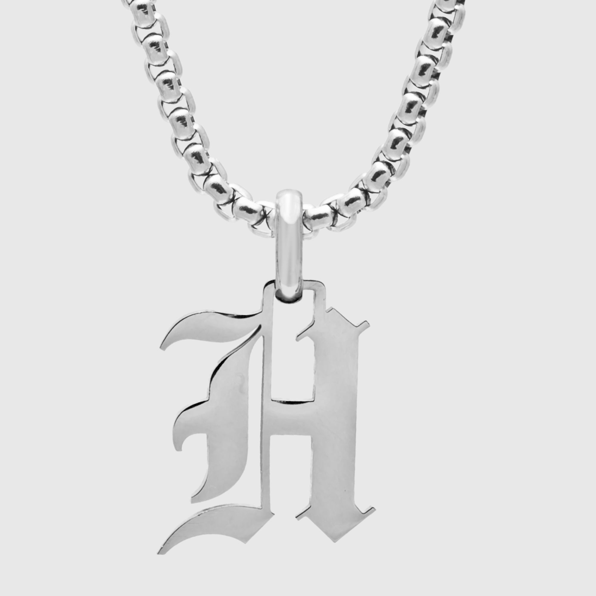 Silver Gothic style Initial letter H necklace in old english font 