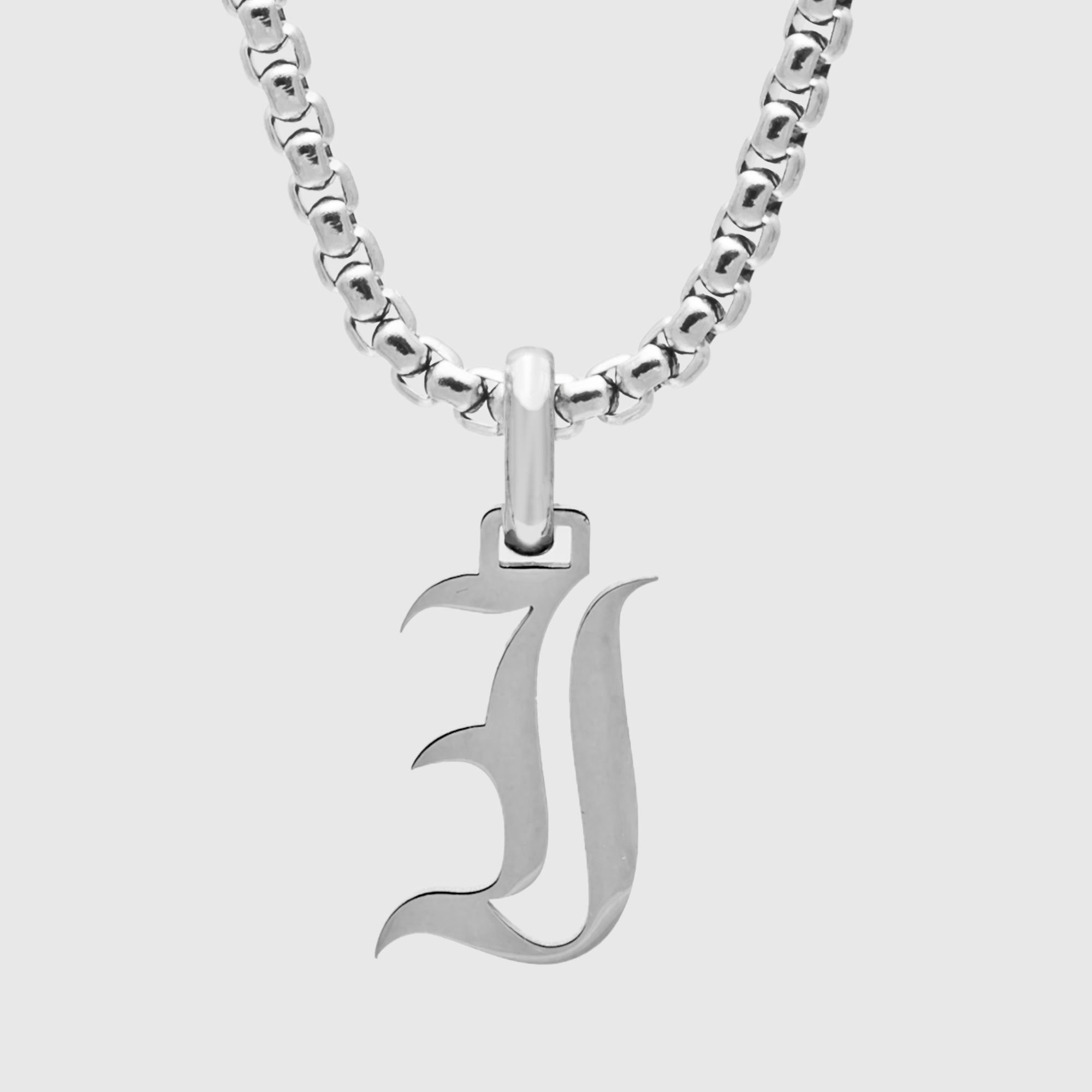 Silver Gothic style Initial letter I necklace in old english font 
