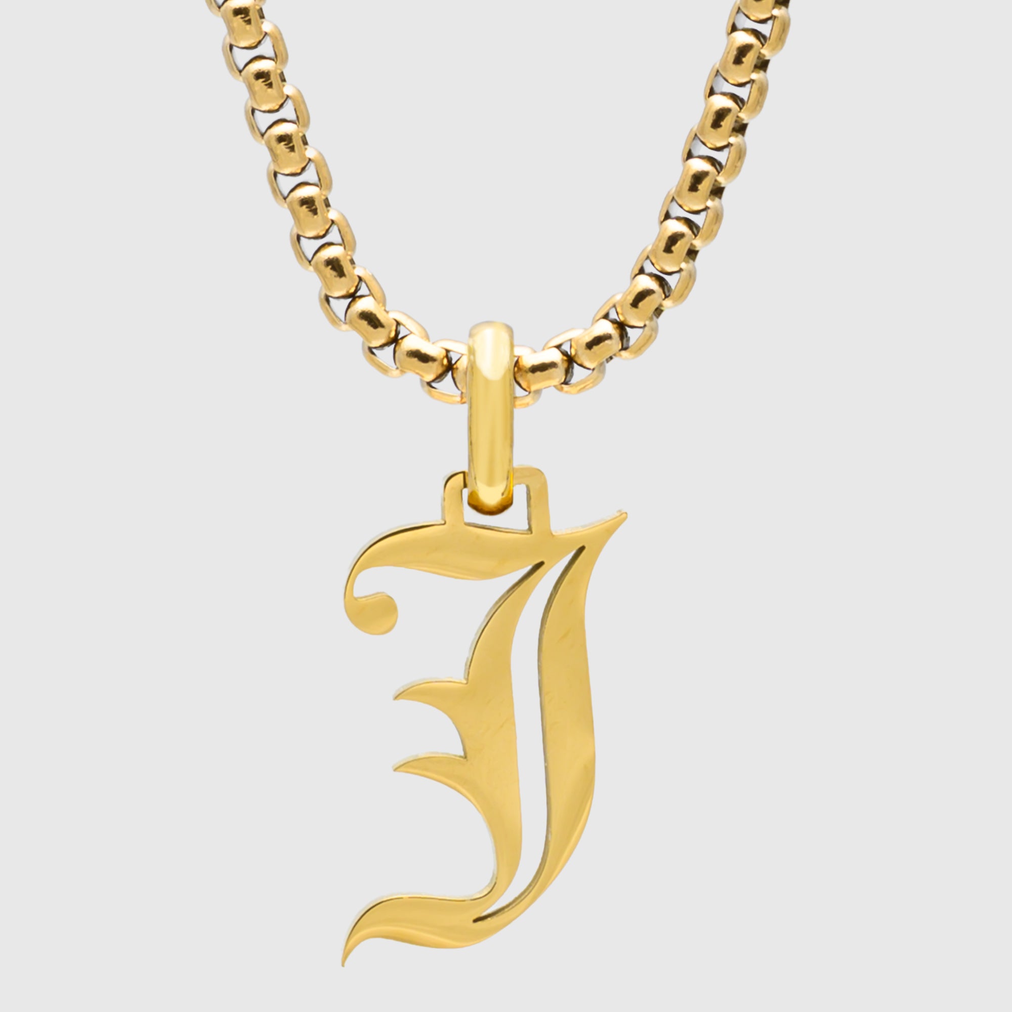 Large Gold Gothic style Initial letter J necklace in old english font 
