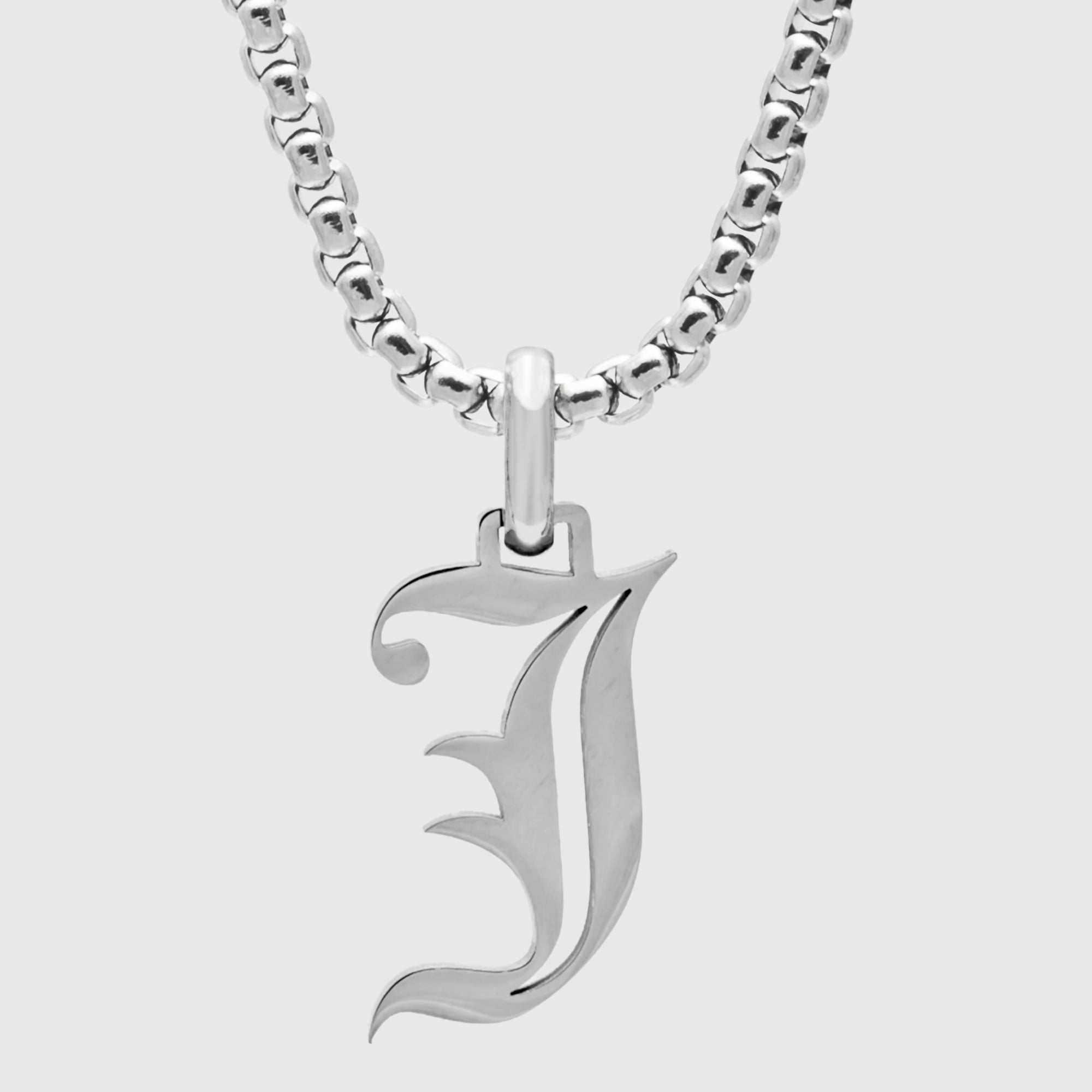 Silver Gothic style Initial letter J necklace in old english font 