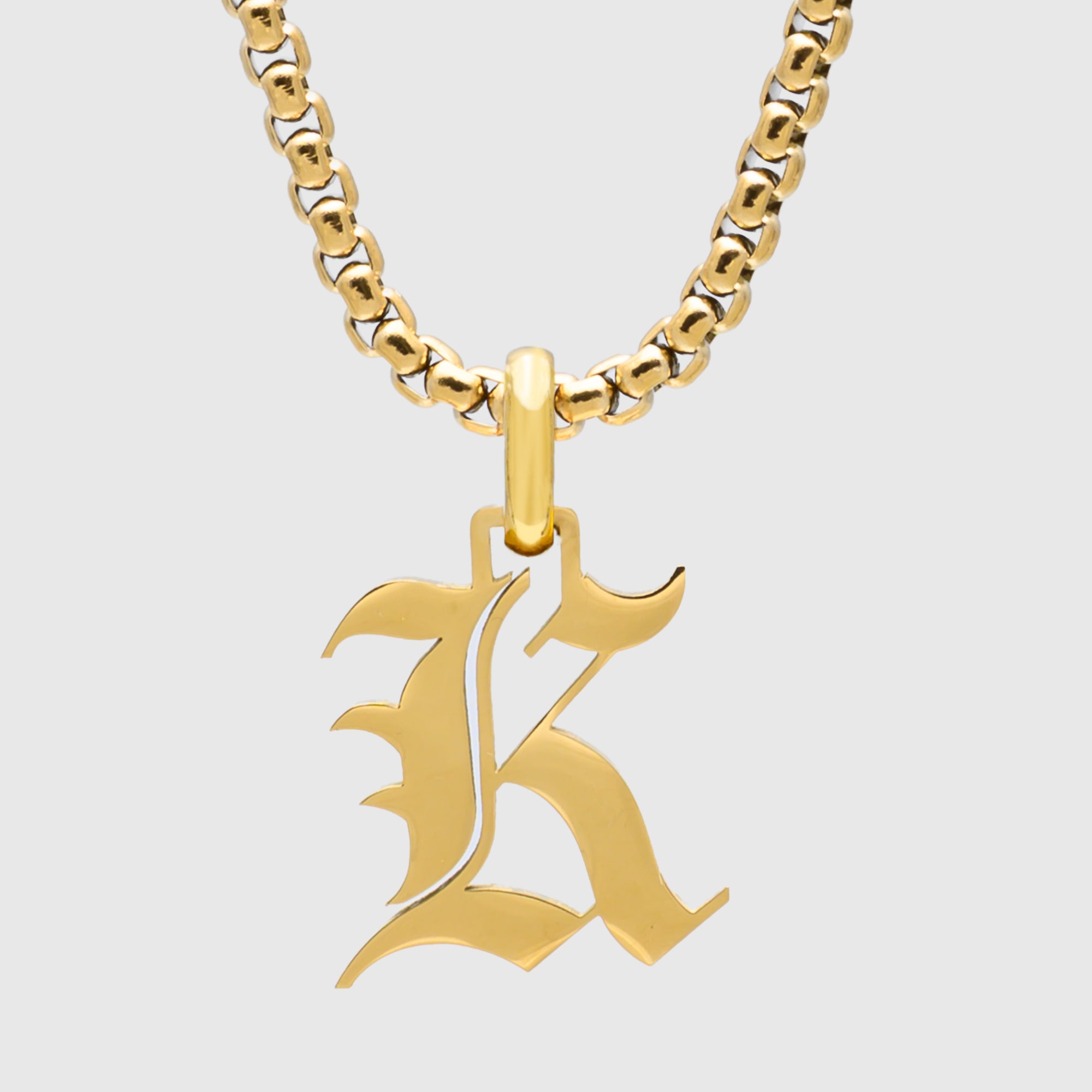 Large Gold Gothic style Initial letter K necklace in old english font 