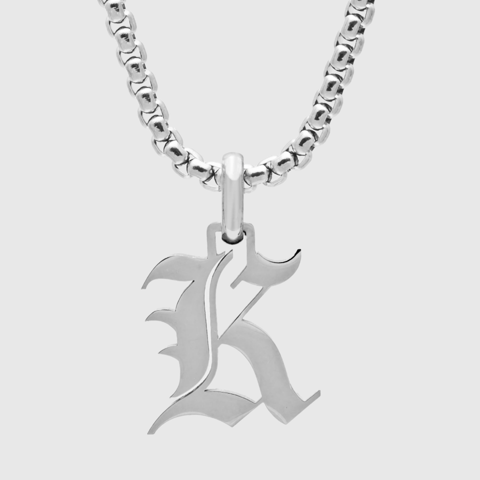 Silver Gothic style Initial letter K necklace in old english font 