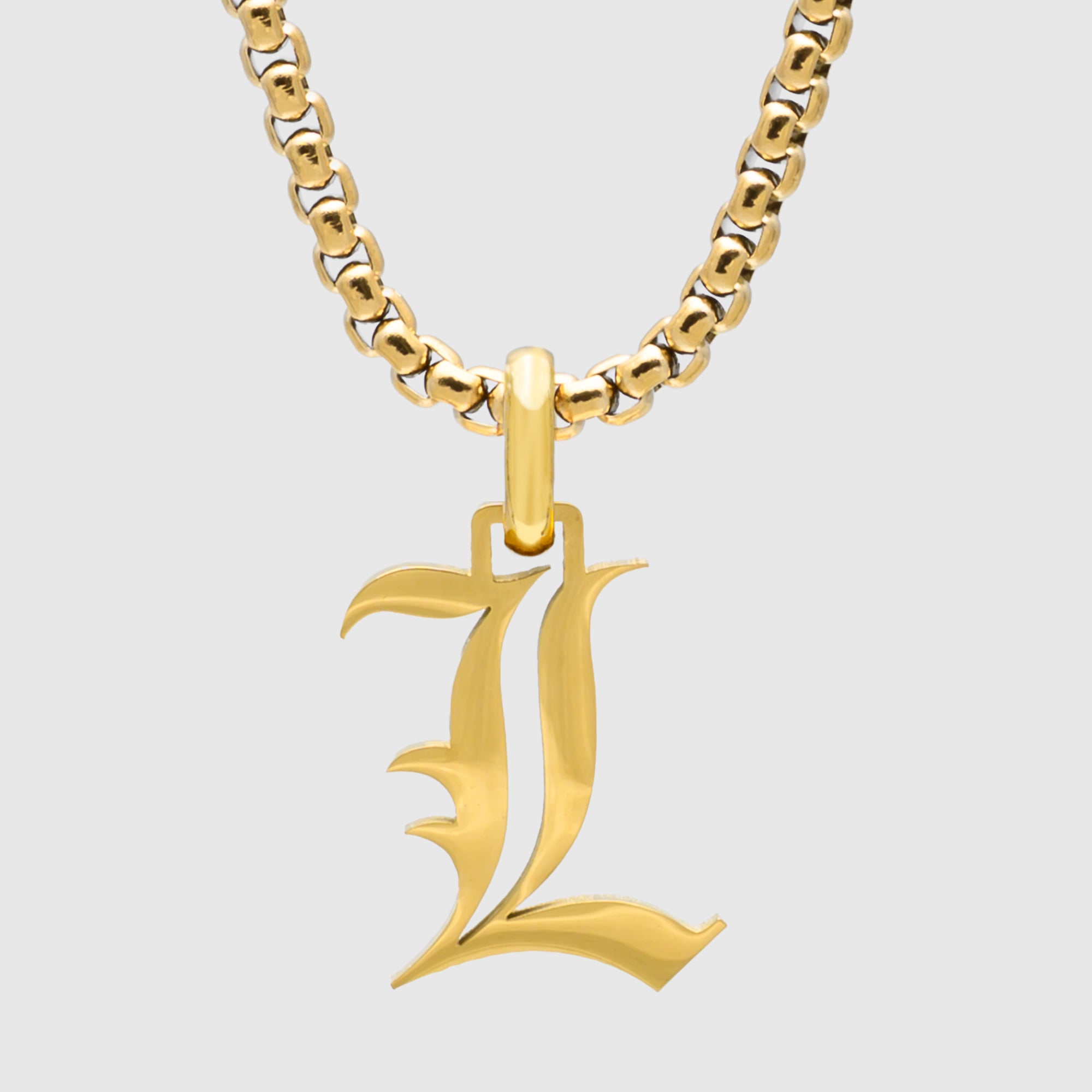 Large Gold Gothic style Initial letter L necklace in old english font 