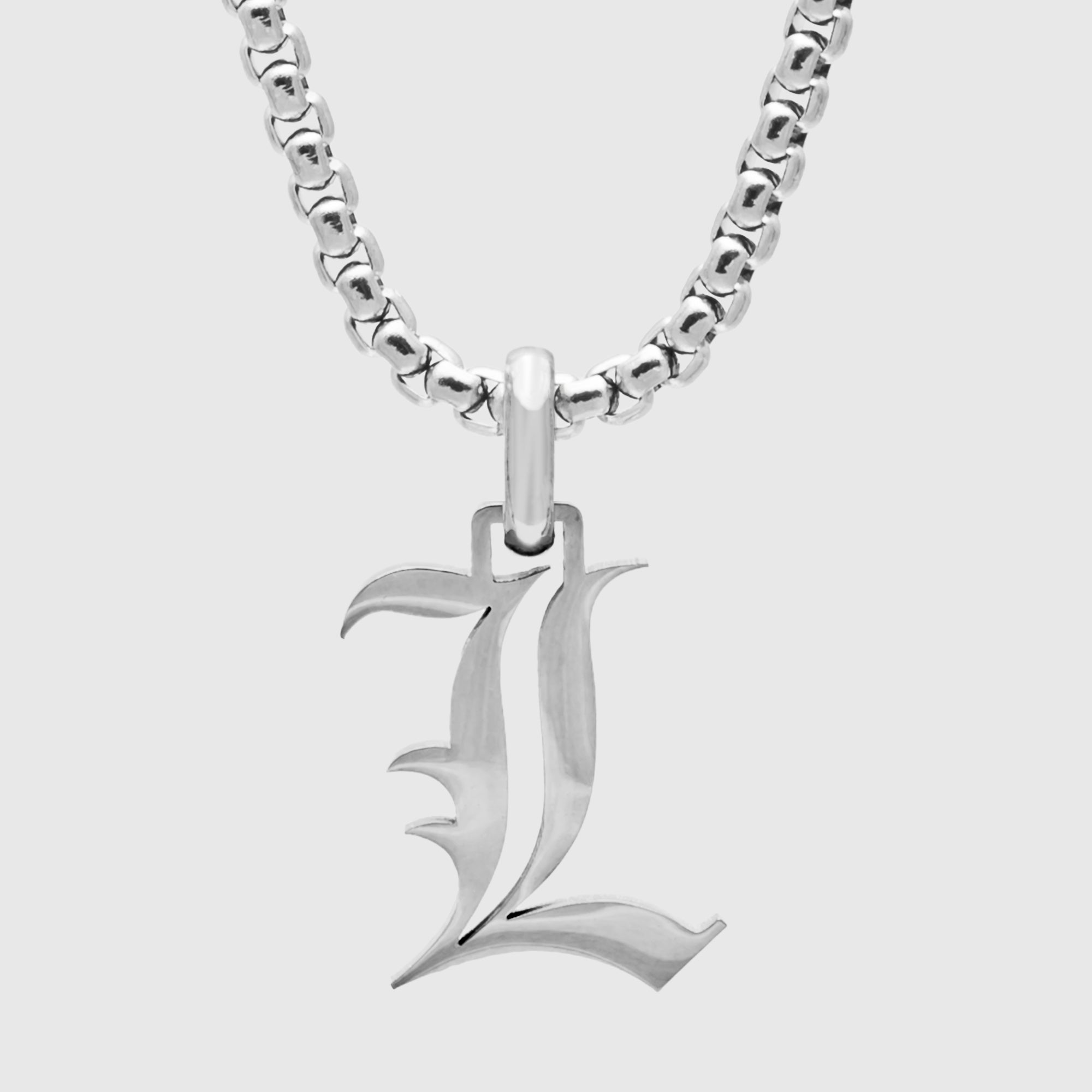 Silver Gothic style Initial letter L necklace in old english font 