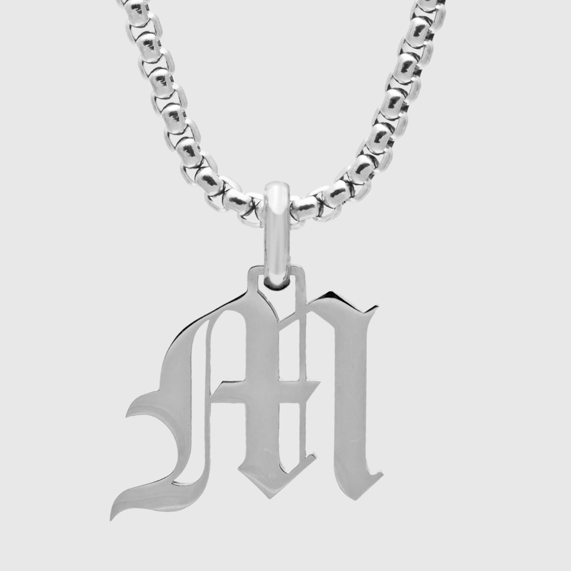 Silver Gothic style Initial letter M necklace in old english font 