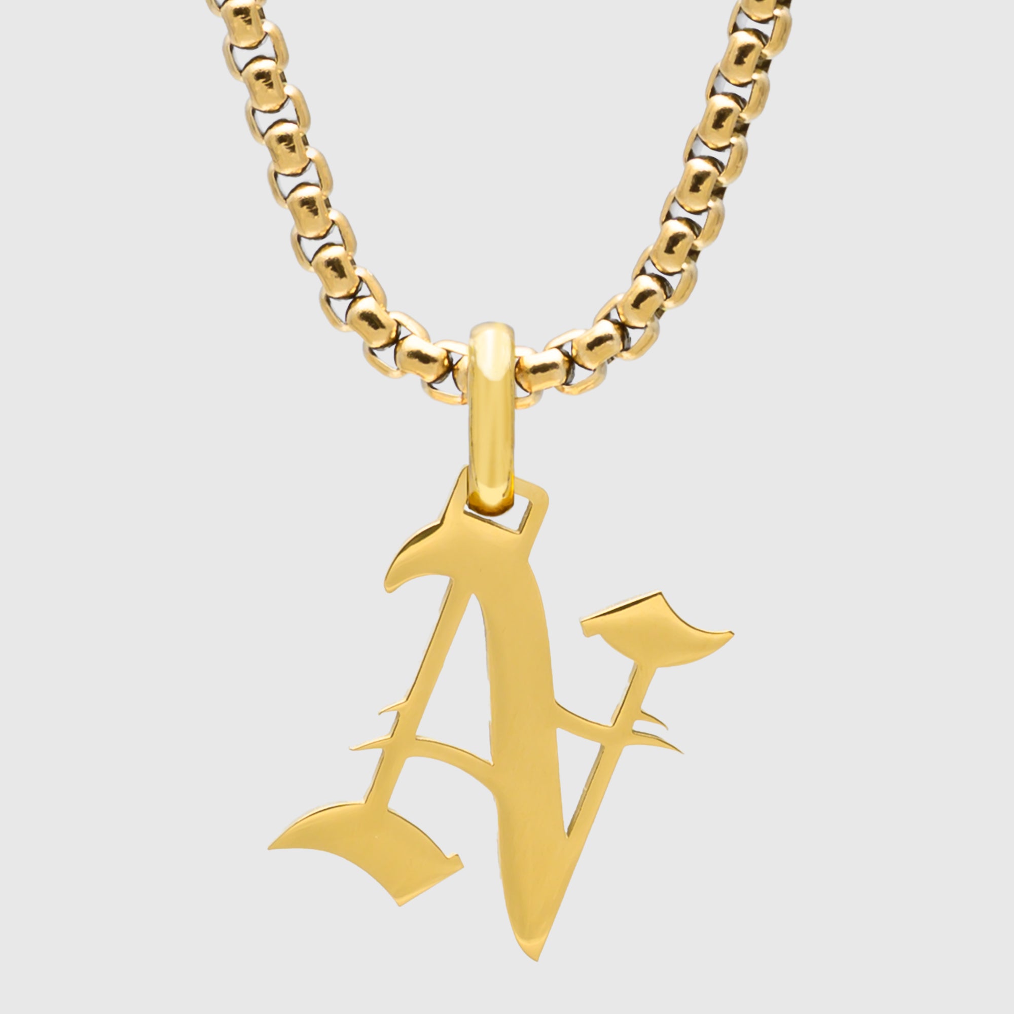 Large Gold Gothic style Initial letter N necklace in old english font 