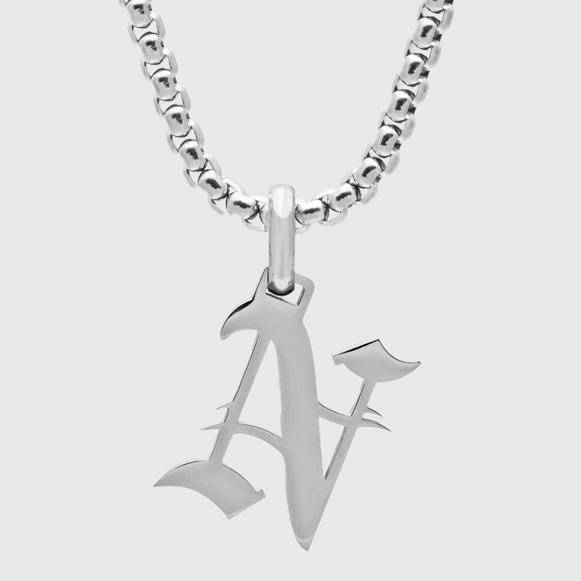 Silver Gothic style Initial letter N necklace in old english font 