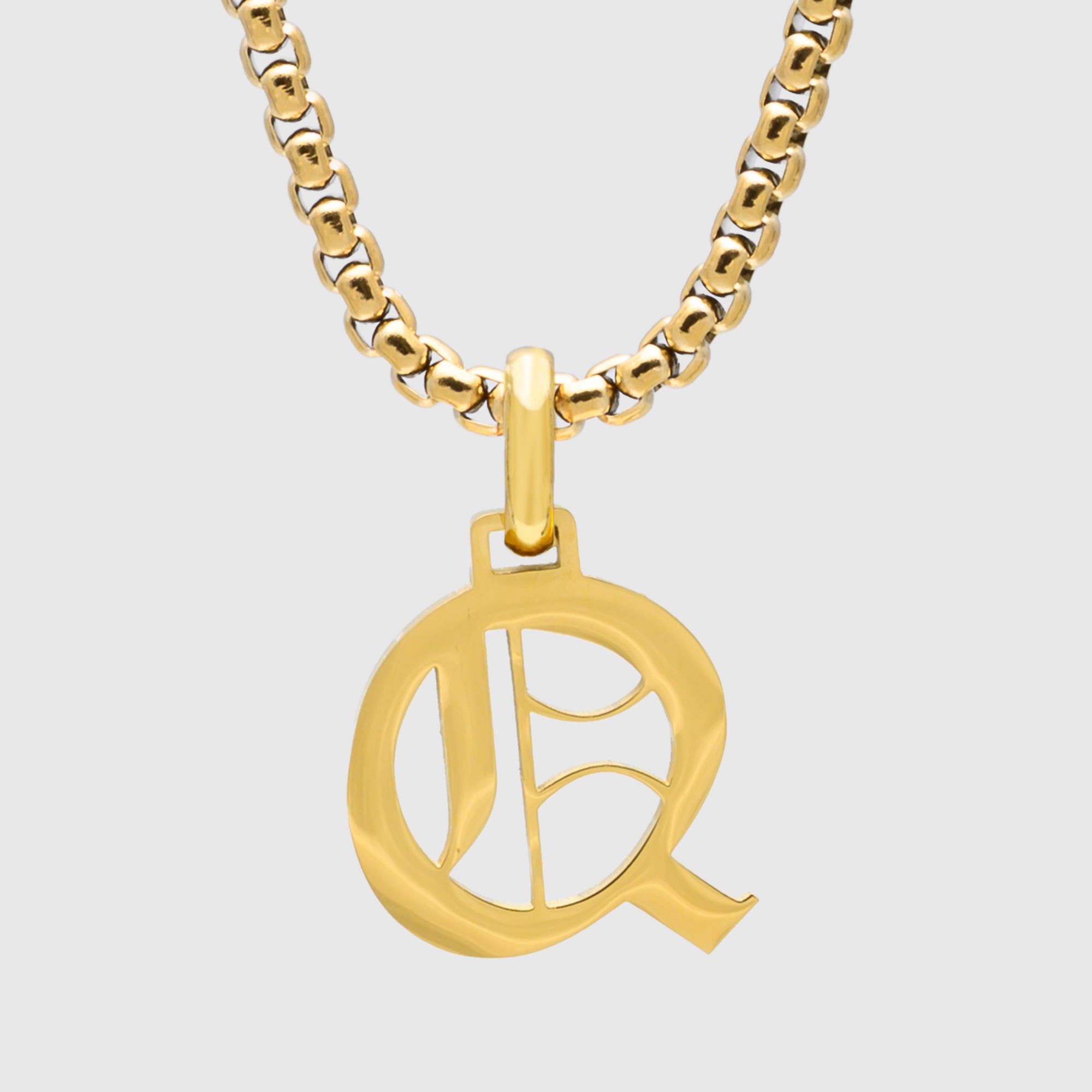Large Gold Gothic style Initial letter Q necklace in old english font 