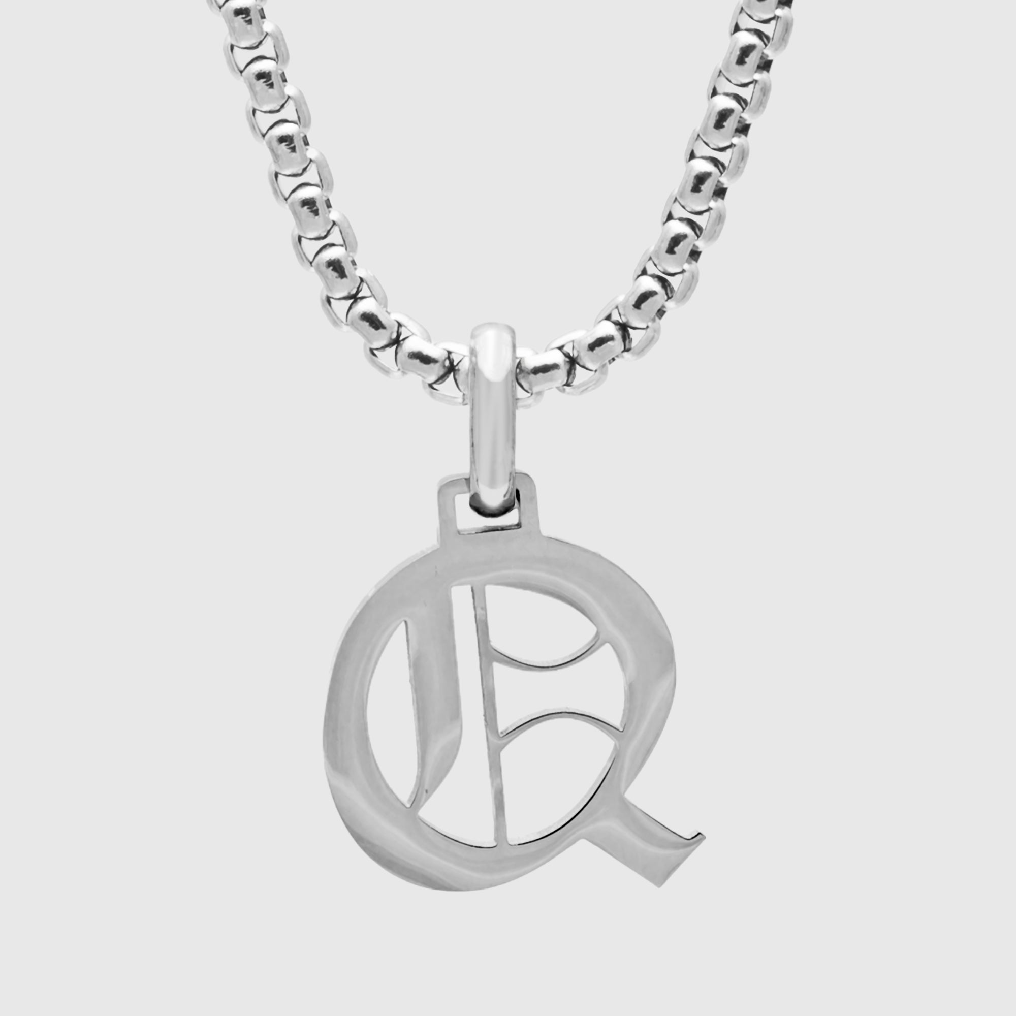 Silver Gothic style Initial letter Q necklace in old english font 
