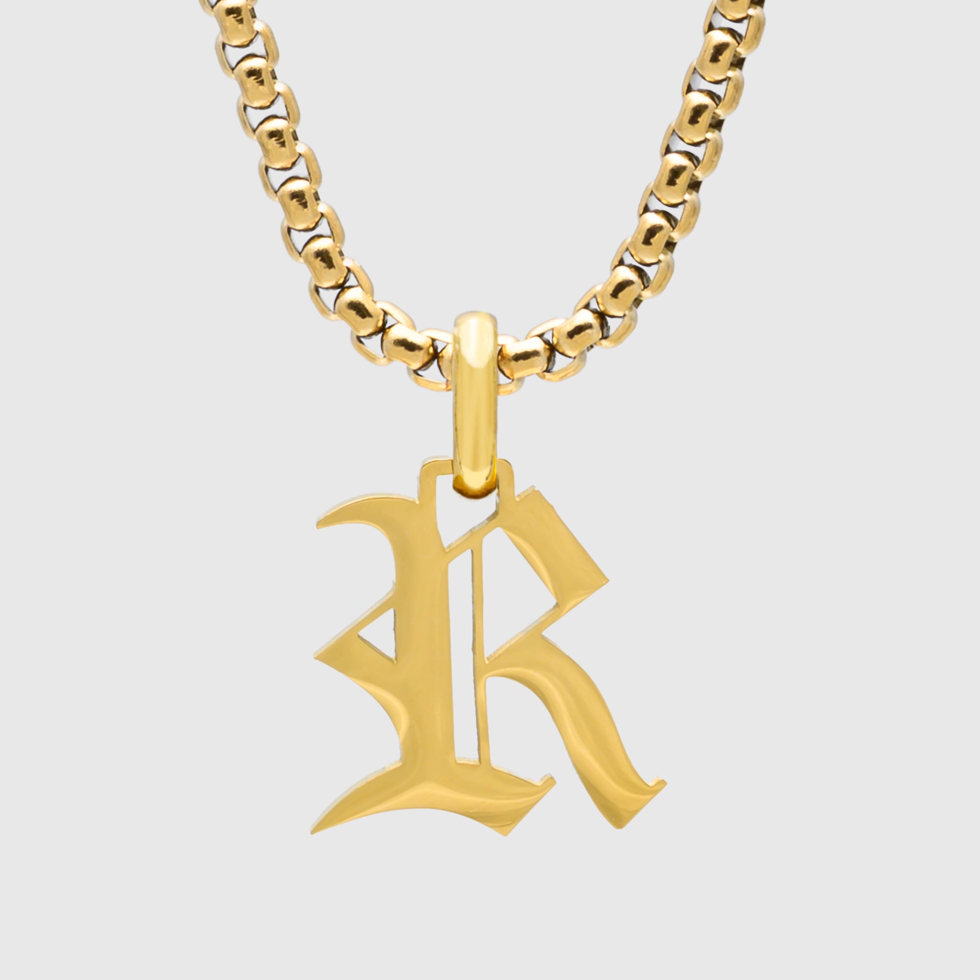 Large Gold Gothic style Initial letter R necklace in old english font 