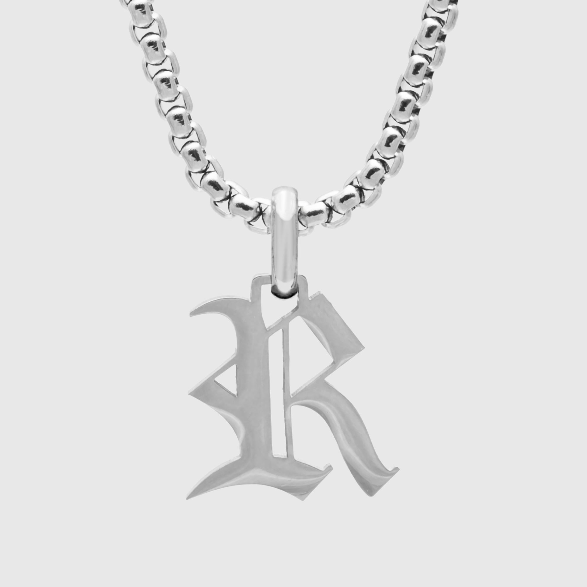 Silver Gothic style Initial letter R necklace in old english font 
