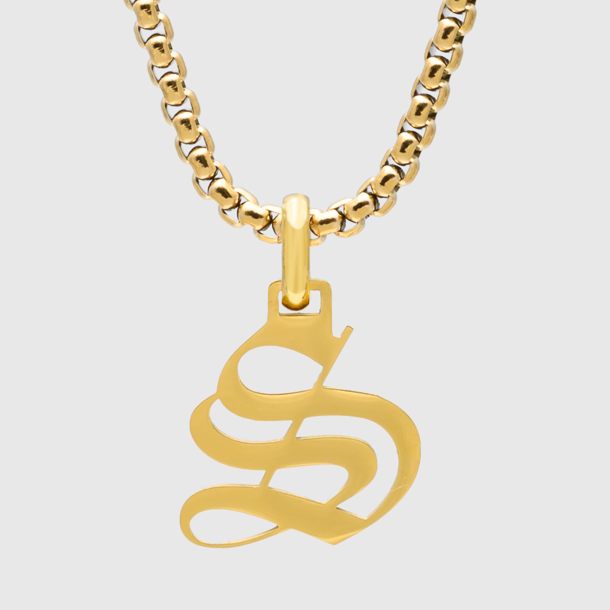 Large Gold Gothic style Initial letter S necklace in old english font 