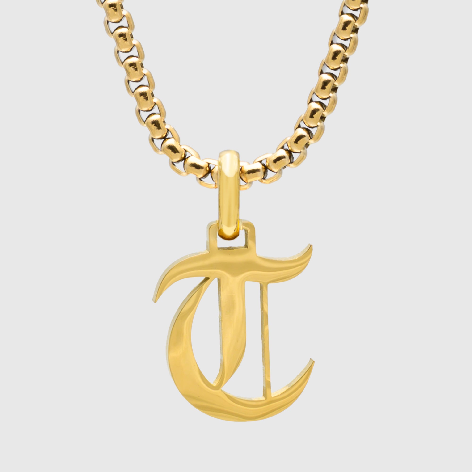 Large Gold Gothic style Initial letter T necklace in old english font 