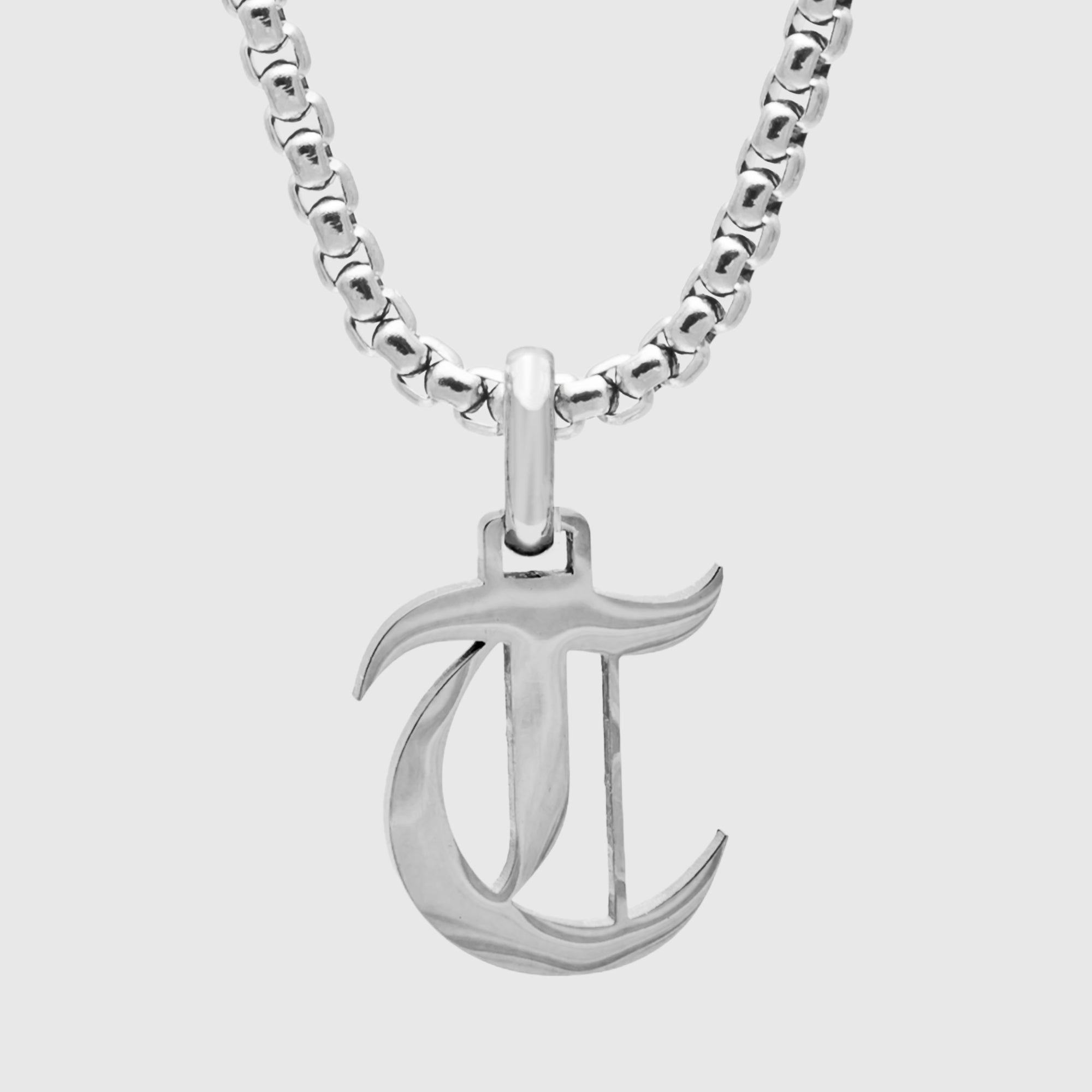 Silver Gothic style Initial letter T necklace in old english font 