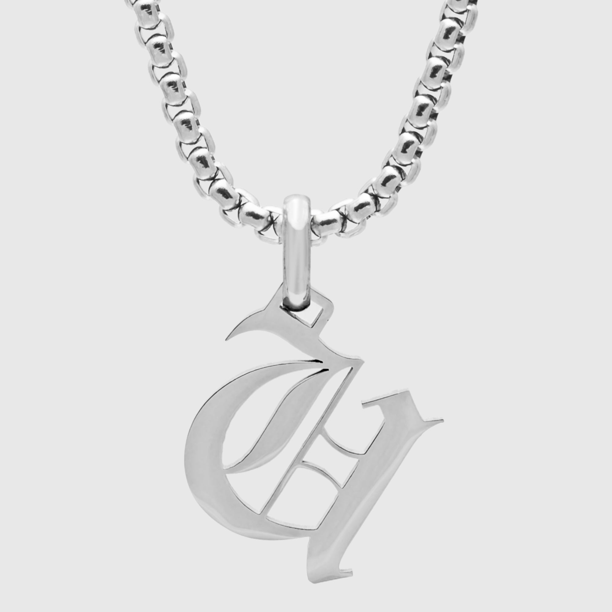Silver Gothic style Initial letter U necklace in old english font 