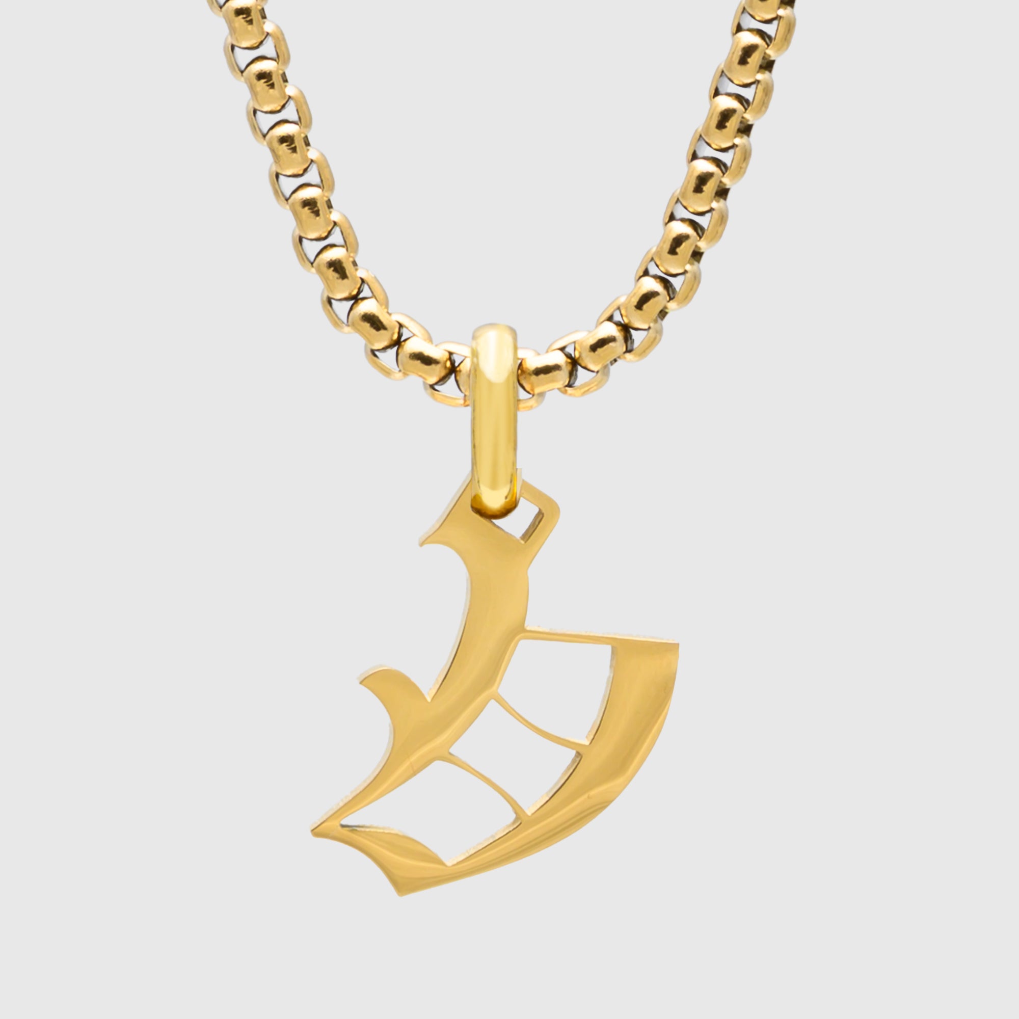 Large Gold Gothic style Initial letter V necklace in old english font 