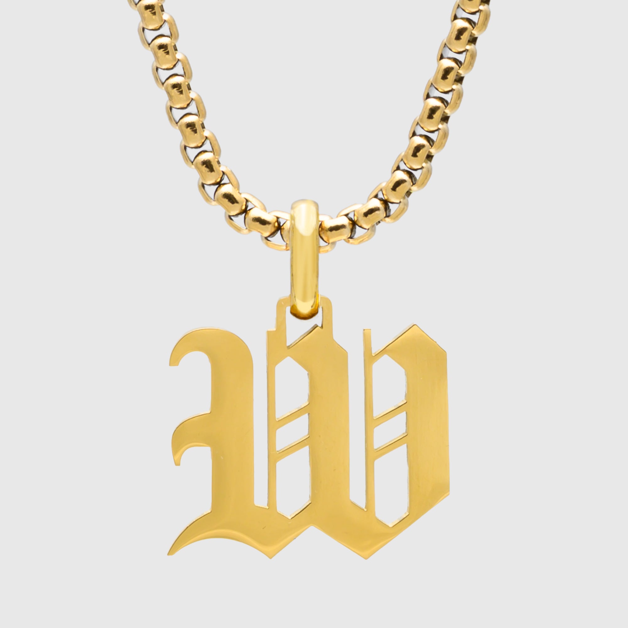 Large Gold Gothic style Initial letter W necklace in old english font 